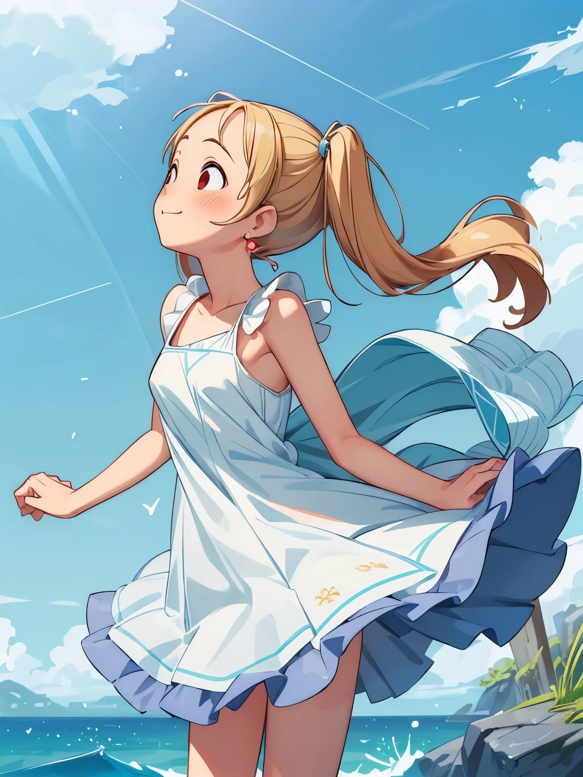 (Masterpiece), (Illustration), (Best Quality:1.3), (Absurd photo of a slim cheerful girl frolicking at the water's edge, Kicking up the water:1.3), Crystal clear, (long light brown hair: 1.3), Wet hair, (See-through white dress that is wet: 1.3), Striped bows, knee-length pleated skirts, ruffled blouses, long petticoats, accessories, bare feet, ( Highly detailed smart and gentle face, detailed blue eyes, relaxed laughter: 1.3), playing happily, happy, (dynamic pose), high resolution, F1.4,