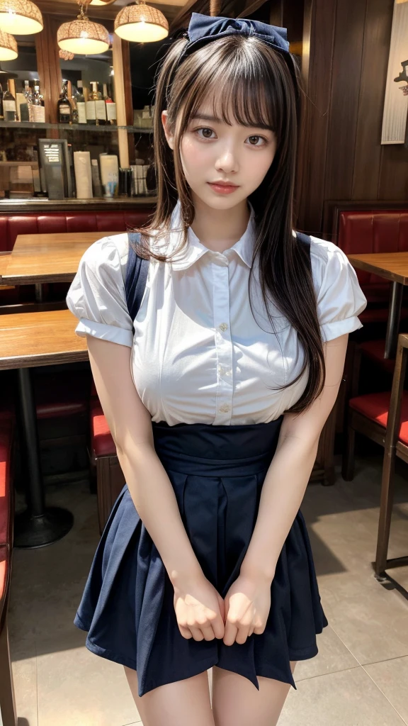 masterpiece, best quality, illustration, Super detailed, fine details, High resolution, 8K,wall paper, perfect dynamic composition,(Details High quality, realistic depiction of eyes:1.3), waitress uniform, restaurant, huge breasts, short bob hair、black hair color, Big Natural Color Lip, (perfect body shape), crying a little、cold gaze, Harajuku style、20 year old girl、cute type、lolita、beautiful legs, focus on crotch, full body photo, gravure idol