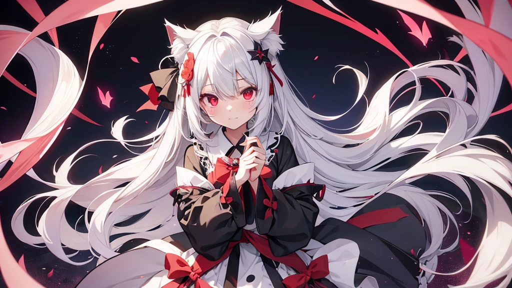 Highest quality I have long hair Gray Hair Konpaku Youmu Sagume Rare God Red eyes I don't have anything vampire Odd Eye kind Miko costume Cat ear Embarrassed Background Black Two people