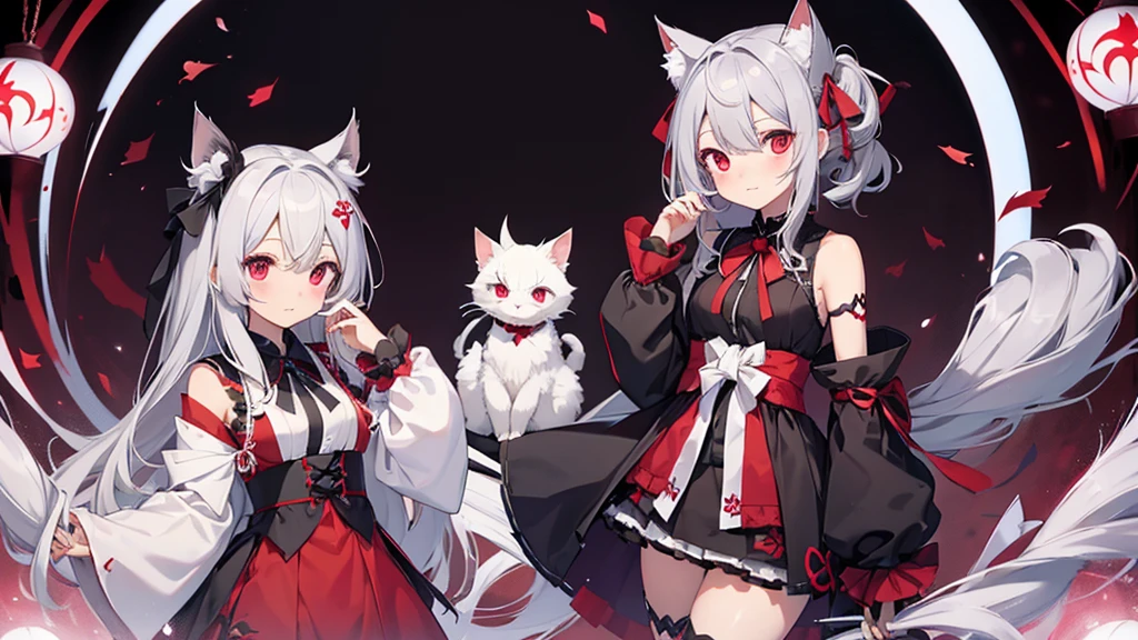 Highest quality I have long hair Gray Hair Konpaku Youmu Sagume Rare God Red eyes I don't have anything vampire Odd Eye kind Miko costume Cat ear Embarrassed Background Black Two people