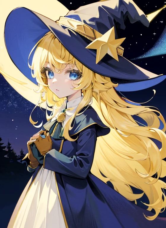 ((Masterpiece:1.2, Best quality)), 1girll, Solo, (Witch hat), Blonde hair, Long hair, dress, aurora, Night, Star (sky), mitts, sky, White dress, Night days