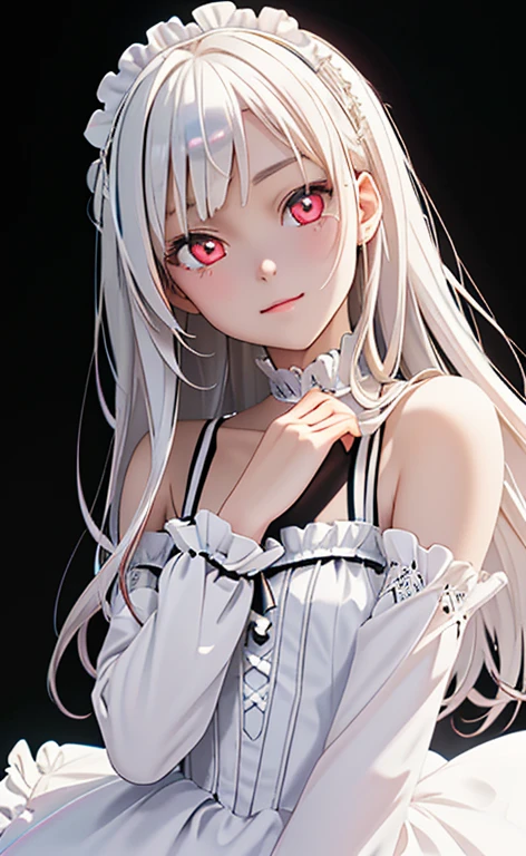 (Photorealistic:1.4)、asuna,(masterpiece、lens flare:1.5、spot light:1.2、Exquisite beautiful eyeonochrome:1.5,portlate、)(little devil:1.3),()
、Cute Face、 3D Face、(pearl white hair:1.5)、(wavy hair:1.3),(1 Girl)、(Red eyes:1.2)、(upper body)、(smug face:1.3)、(head tilt) ,(Cute face:1.2),(flat chest),(),kind face,(white lace frilled gothic ta),(black background:1.5)、(glowing eyes:1.3)、()、 Neat and clean、Adorable、Slim Body(Tareme:1.5),Shiny Hair、(Glowing pink Skin)、Nijisketch,Manga,zydG