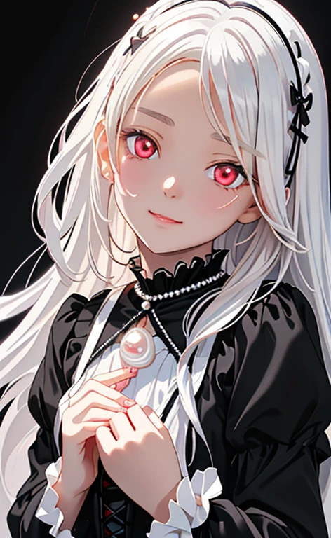 (Photorealistic:1.4)、asuna,(masterpiece、lens flare:1.5、spot light:1.2、Exquisite beautiful eyeonochrome:1.5,portlate、)(little devil:1.3),()
、Cute Face、 3D Face、(pearl white hair:1.5)、(wavy hair:1.3),(1 Girl)、(Red eyes:1.2)、(upper body)、(smug face:1.3)、(head tilt) ,(Cute face:1.2),(flat chest),(),kind face,(white lace frilled gothic lolita),(black background:1.5)、(glowing eyes:1.3)、()、 Neat and clean、Adorable、Slim Body(Tareme:1.5),Shiny Hair、(Glowing pink Skin)、Nijisketch,Manga,zydG