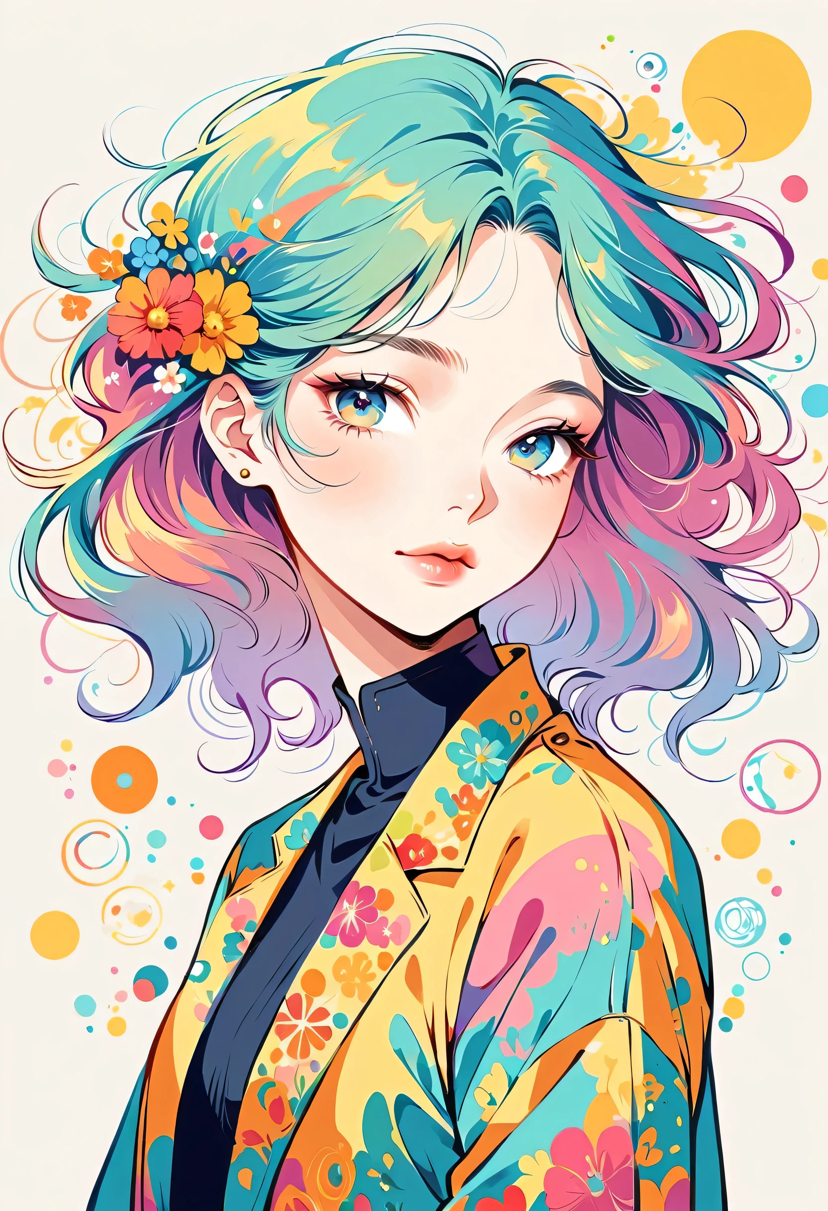 Seizou Watase style, Stylish design,Stylish fashion,Simple Line Initialism,Abstract art,Urban Background, (((The most beautiful girl))), Lips in Love, colorful flowers
