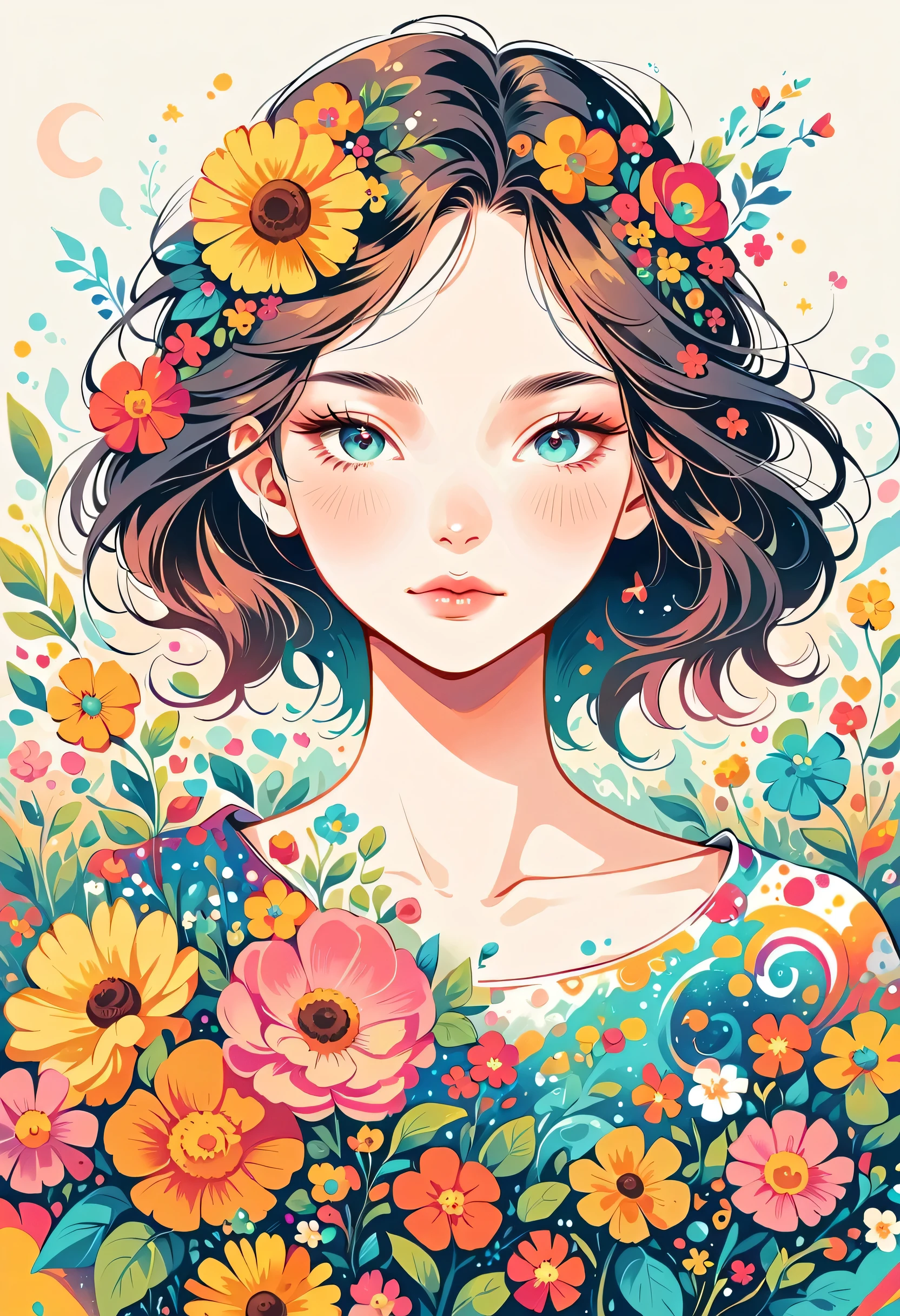 Seizou Watase style, Stylish design，Stylish fashion，Simple Line Initialism，Abstract art，Urban Background, (((The most beautiful girl))), Lips in Love, colorful flowers
