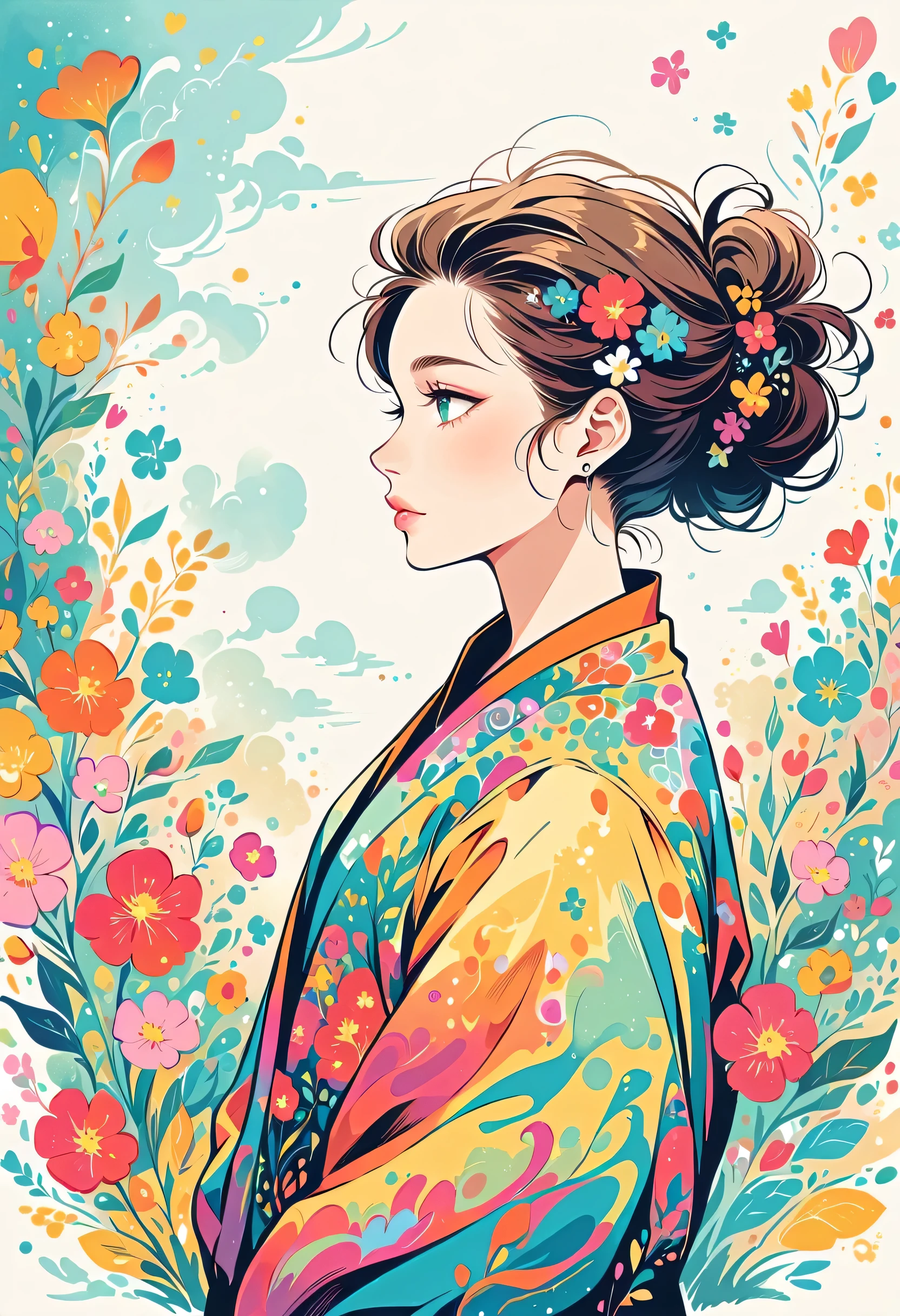 Seizou Watase style, Stylish design,Stylish fashion,Simple Line Initialism,Abstract art,Urban Background, (((The most beautiful girl))), Lips in Love, colorful flowers