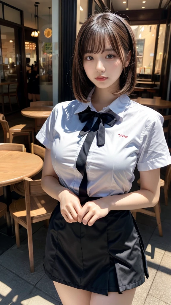 masterpiece, best quality, illustration, Super detailed, fine details, High resolution, 8K,wall paper, perfect dynamic composition,(Details High quality, realistic depiction of eyes:1.3), waitress uniform, restaurant, huge breasts, short bob hair、black hair color, Big Natural Color Lip, (perfect body shape), crying a little、cold gaze, Harajuku style、20 year old girl、cute type、ta、beautiful legs, focus on crotch, full body photo, gravure idol