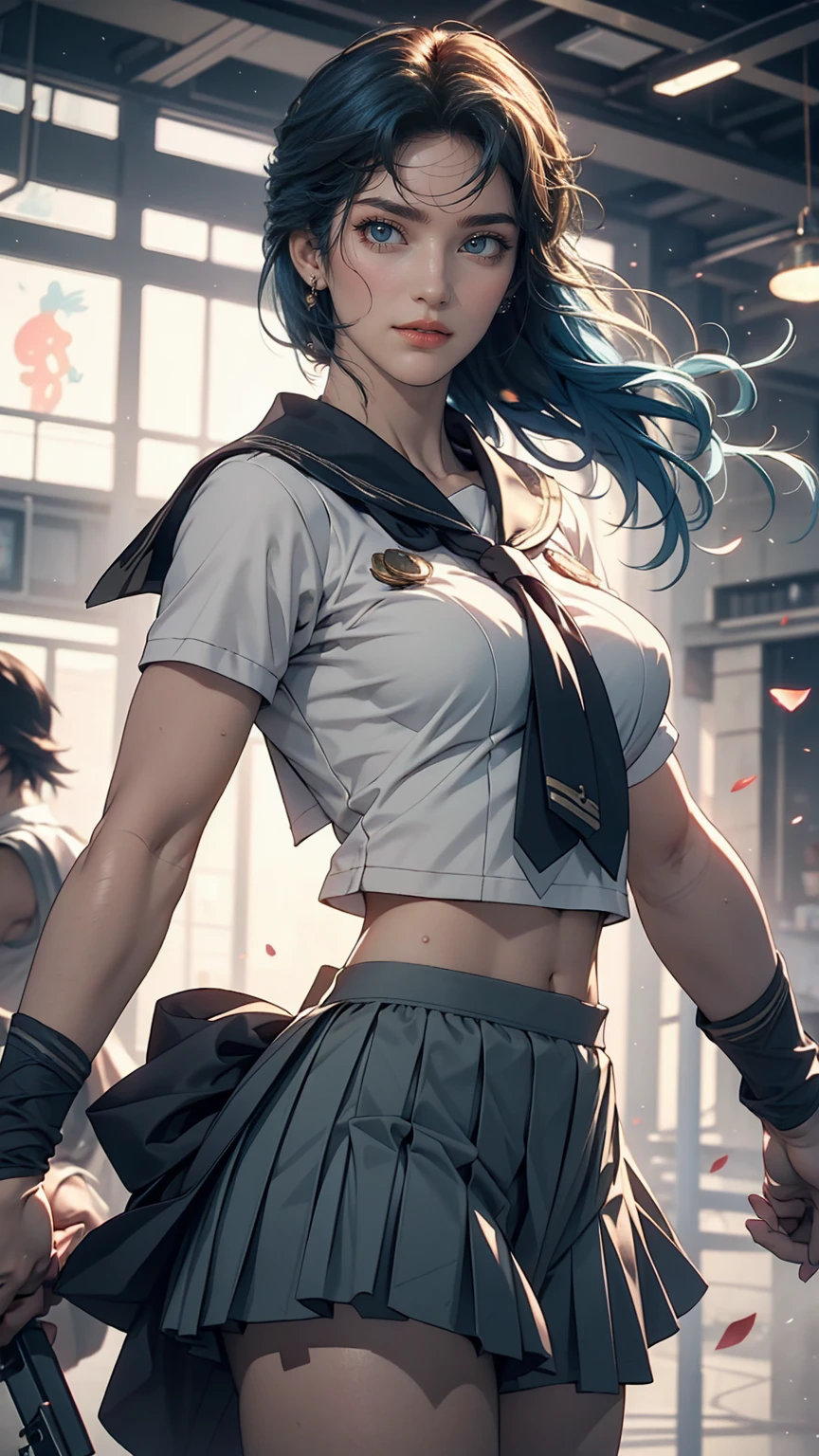 (masterpiece), (highest quality), Realistic, Cinematic Light, Makoto Kino, Sailor Jupiter, stand, Battlefield Background, Perfect body, Blue Hair, uniform