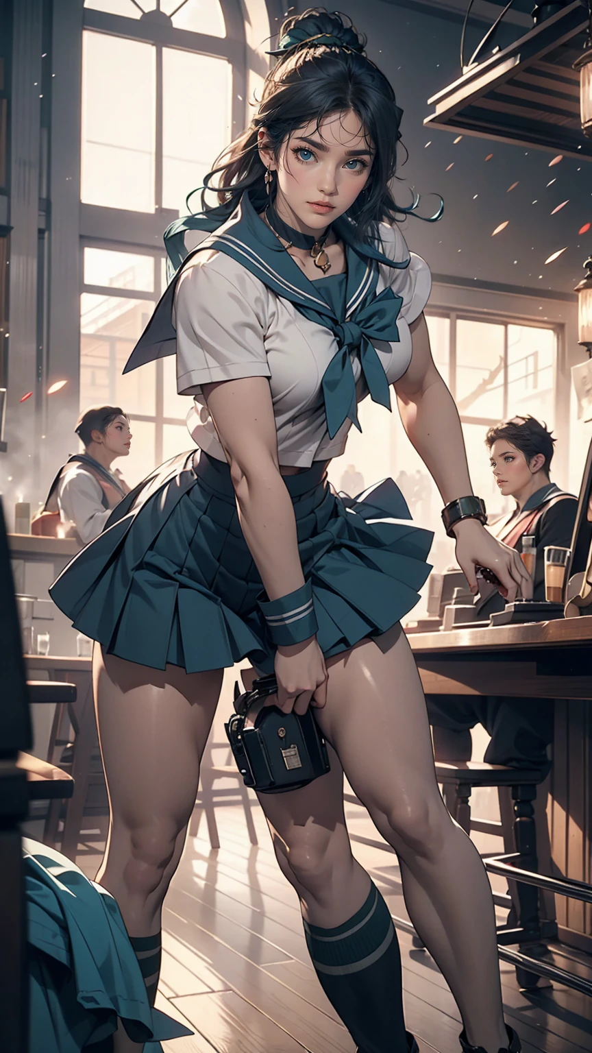 (masterpiece), (highest quality), Realistic, Cinematic Light, Makoto Kino, Sailor Jupiter, stand, Battlefield Background, Perfect body, Blue Hair, uniform  