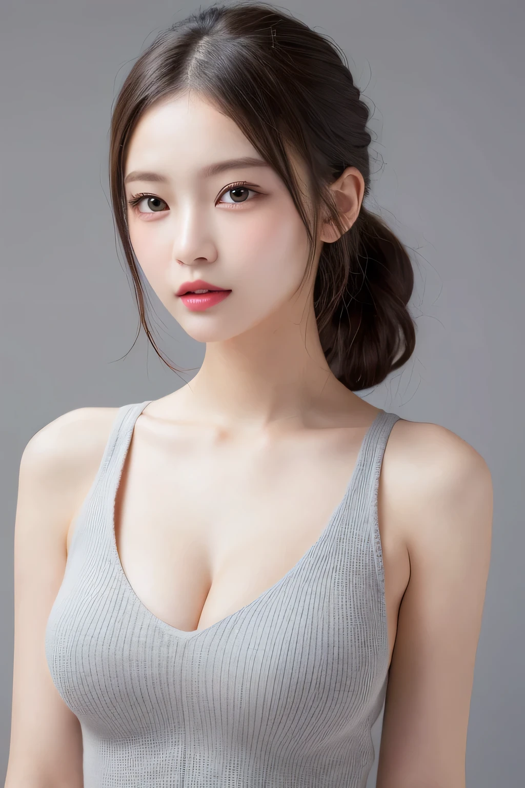 finely detail, hight resolution, hightquality、Perfect dynamic composition, Beautiful detailed eyes, Medium Hair, small tits、Natural Color Lip,Kamimehibuya、18 years girl、1 persons、Transparent skin、Glowing hair、masutepiece, Best Quality, Illustration, Ultra-detailed, finely detail, hight resolution, 8K、The correct state of the human body、Randomly cute poses,Ponytail hair,beauty legs,Perfect beautiful face,KPOP Idol Face,Face that feels ecstasy,Pale light grey knitted dress,Background blur,Randomly dress up as a model for a women's fashion magazine, (Large Breasts:1.5), (Slim Body:1.5),