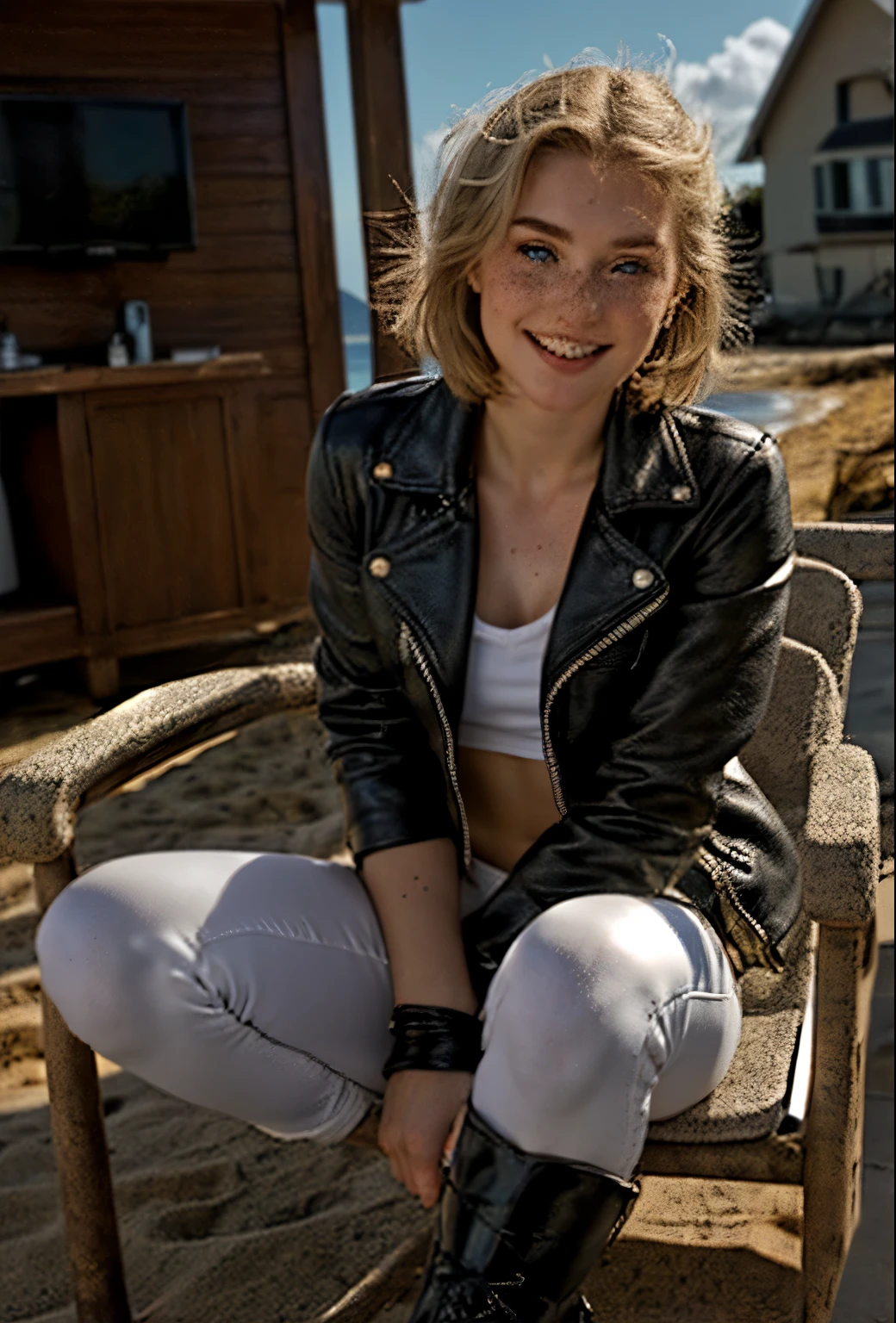 A 21-year-old girl named Kate with short blonde hair, beautiful medium-sized breasts, and a height of 1.60 meters. She has a British white style and light blue eyes. Kate is beautiful, with an angelic face and freckles on her face around her nose. She has a youthful, fit, and perfect body. She is wearing a 70s-style black leather jacket with a white t-shirt underneath and 70s-style black leather pants, along with black leather boots. Kate is at her beach house, sitting in a chair, admiring the beach house-style decor of her living room. Kate is happy.