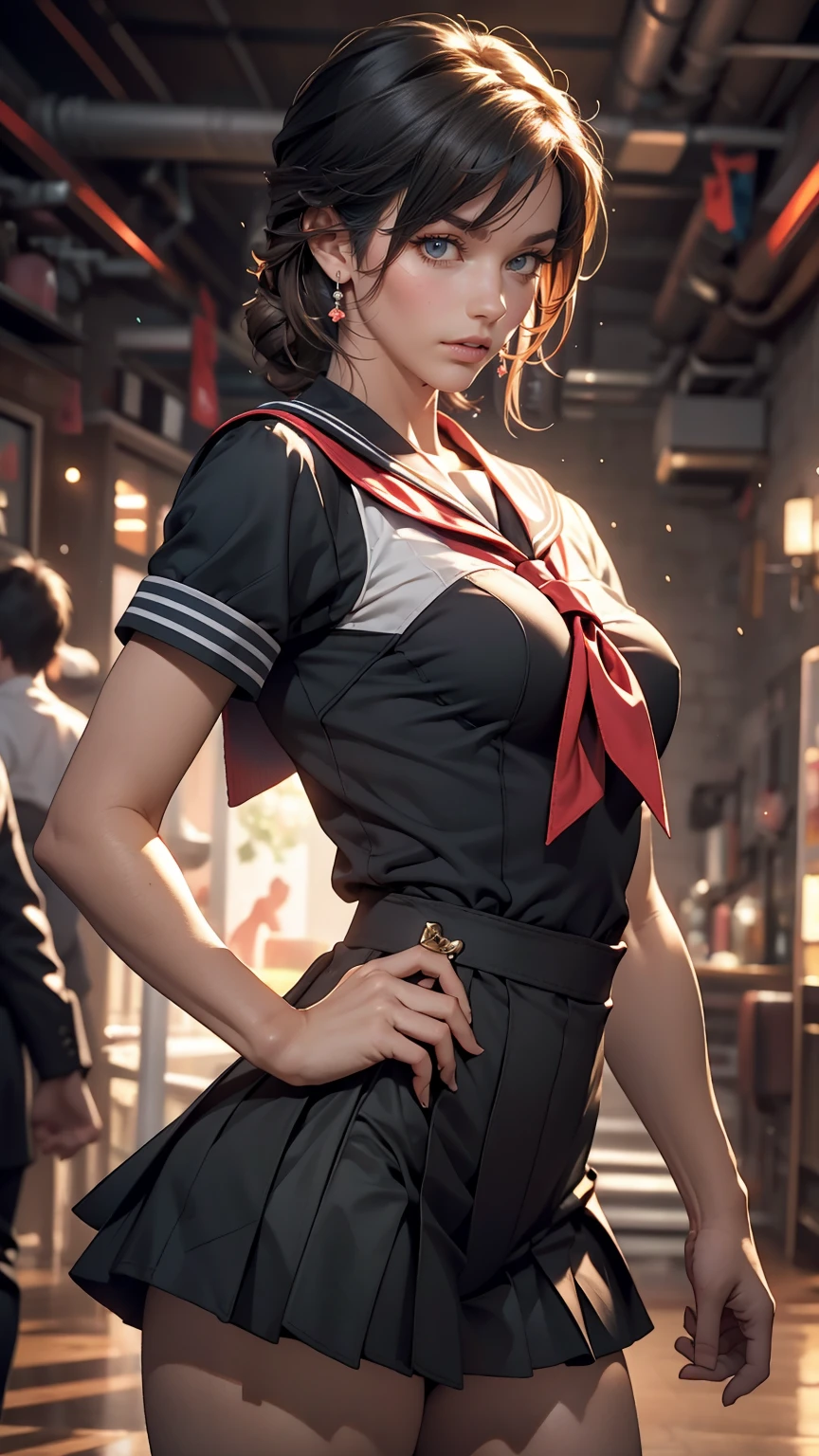 (masterpiece), (highest quality), Realistic, Cinematic Light, Makoto Kino, Sailor Jupiter, stand, Battlefield Background, Perfect body, Blue Hair, uniform
