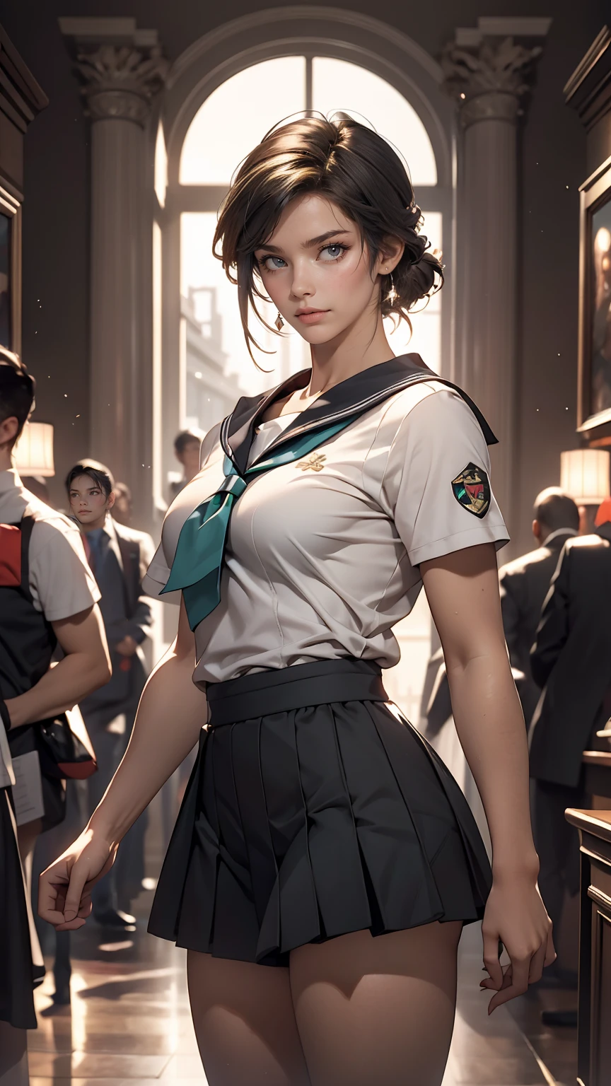 (masterpiece), (highest quality), Realistic, Cinematic Light, Makoto Kino, Sailor Jupiter, stand, Battlefield Background, Perfect body, Blue Hair, uniform  