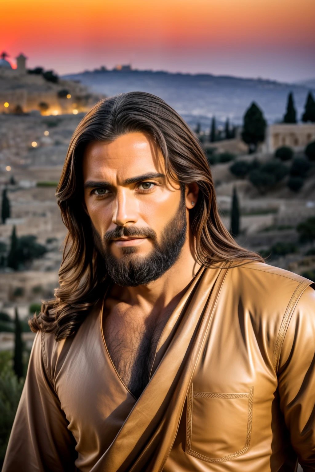 Jesus, around 33 years old, with a distinguished, rugged appearance, portrayed by actor Jose Maria de Tavira. Long, messy brown hair, a beard, and deep-set, serious brown eyes. A simple tunic worn, with a leather belt around the waist. The scene is set on the Mount of Olives at dusk, under the orange glow of a setting sun. The image is centralized, with a sharp focus on Jesus' face, bathed in volumetric lighting that highlights his facial features. The background shows the ancient Mount of Olives, with olive trees in bloom. The picture is taken with a high-quality Nikon D850, capturing the scene in