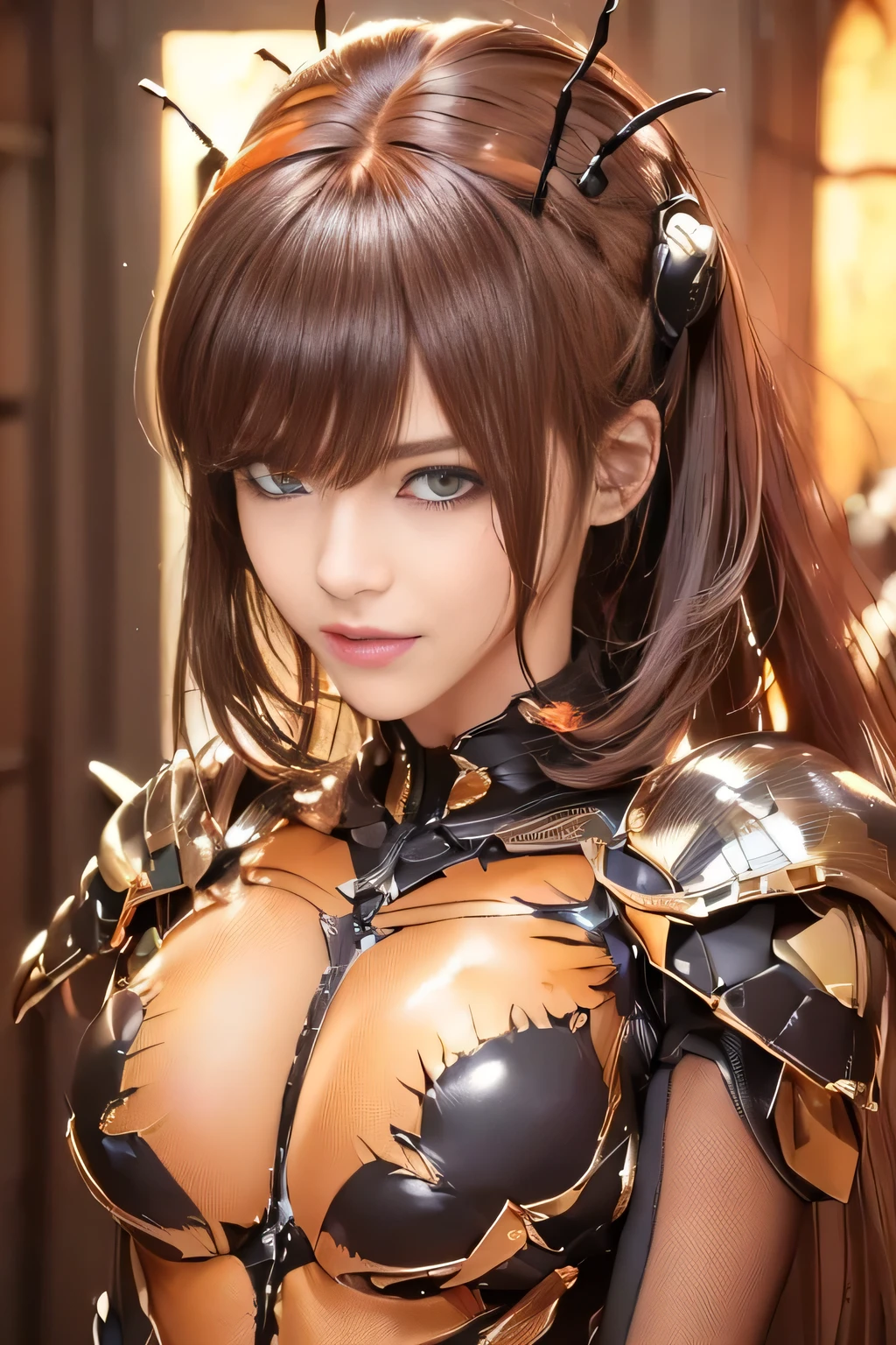 (high resolution,masterpiece,best quality,extremely detailed CG, anime, official art:1.4), realistic, photo, amazing fine details, all intricate, gloss and shiny,awesome many layers, 8k wall paper, 3d, sketch, kawaii, illustration,( solo:1.4), perfect female proportion,villainess, (fusion of dark brown cockroach and lady:1.4), (brown cockroach form lady:1.2), (brown cockroach lady:1.2), (fusion:1.2), (solo:1.4), (evil smile:1.2), muscular, abs, (cockroach brown exoskeleton bio insect suit:1.4), (cockroach brown exoskeleton bio insect armor:1.2), (brown transparency cockroach wing:1.4), (brown cockroach antennae:1.3),