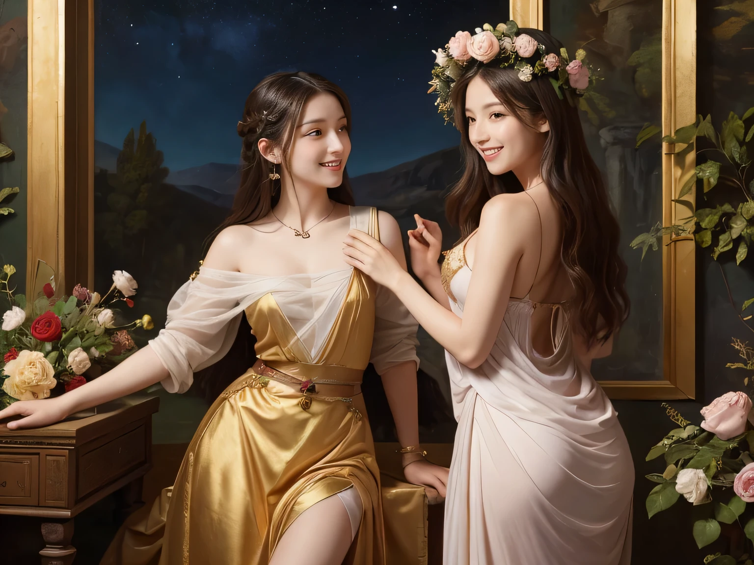 Giorgione painting style,Arguments of two female Philosophe,math、astronomical machine、astronaut、roses in vase、fruits、Cute trinkets、smile、ancient greek costume、Background is a forest lake at night 、Clothes that stretch your shoulders、A big smile、beautiful bare skin、A detailed representation of the seducing woman throughout her body.