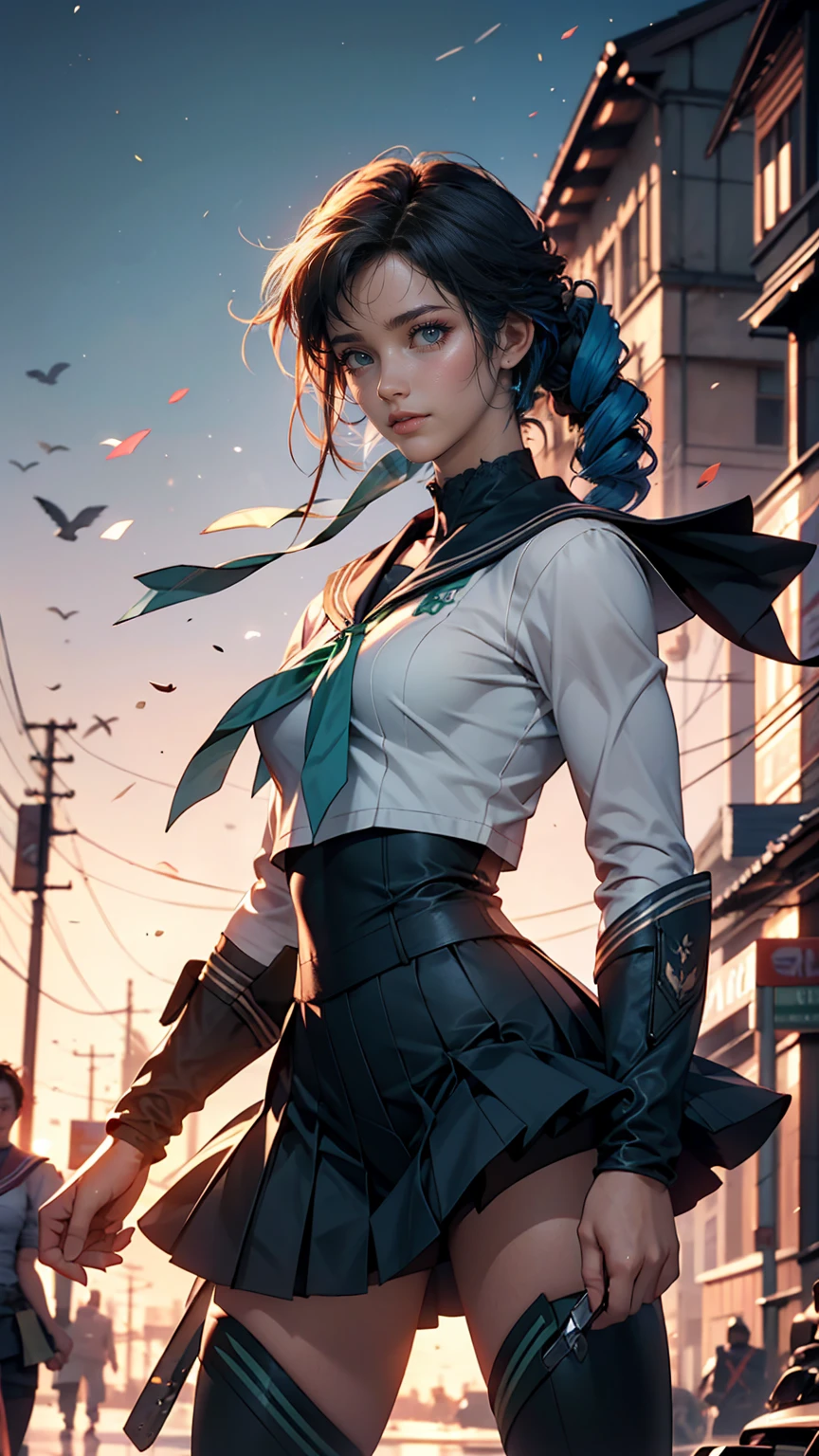 (masterpiece), (highest quality), Realistic, Cinematic Light, Makoto Kino, Sailor Jupiter, stand, Battlefield Background, Perfect body, Blue Hair, uniform  