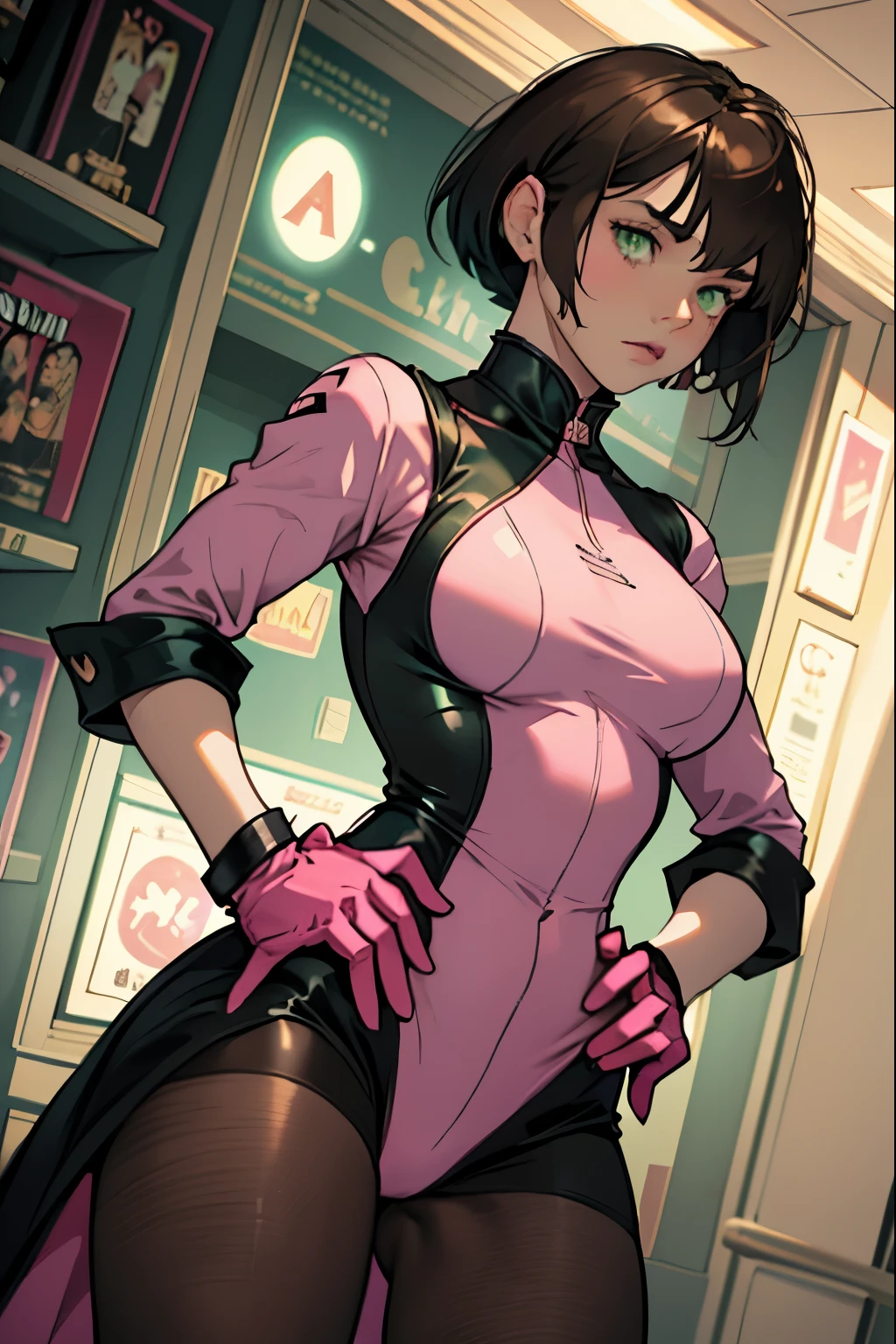 One girl, Mature Adult, Dark brown hair, Pink leotard,gloves, Hands on hips, casino, bracelet, Green Eyes, alone, single, Bob Hair