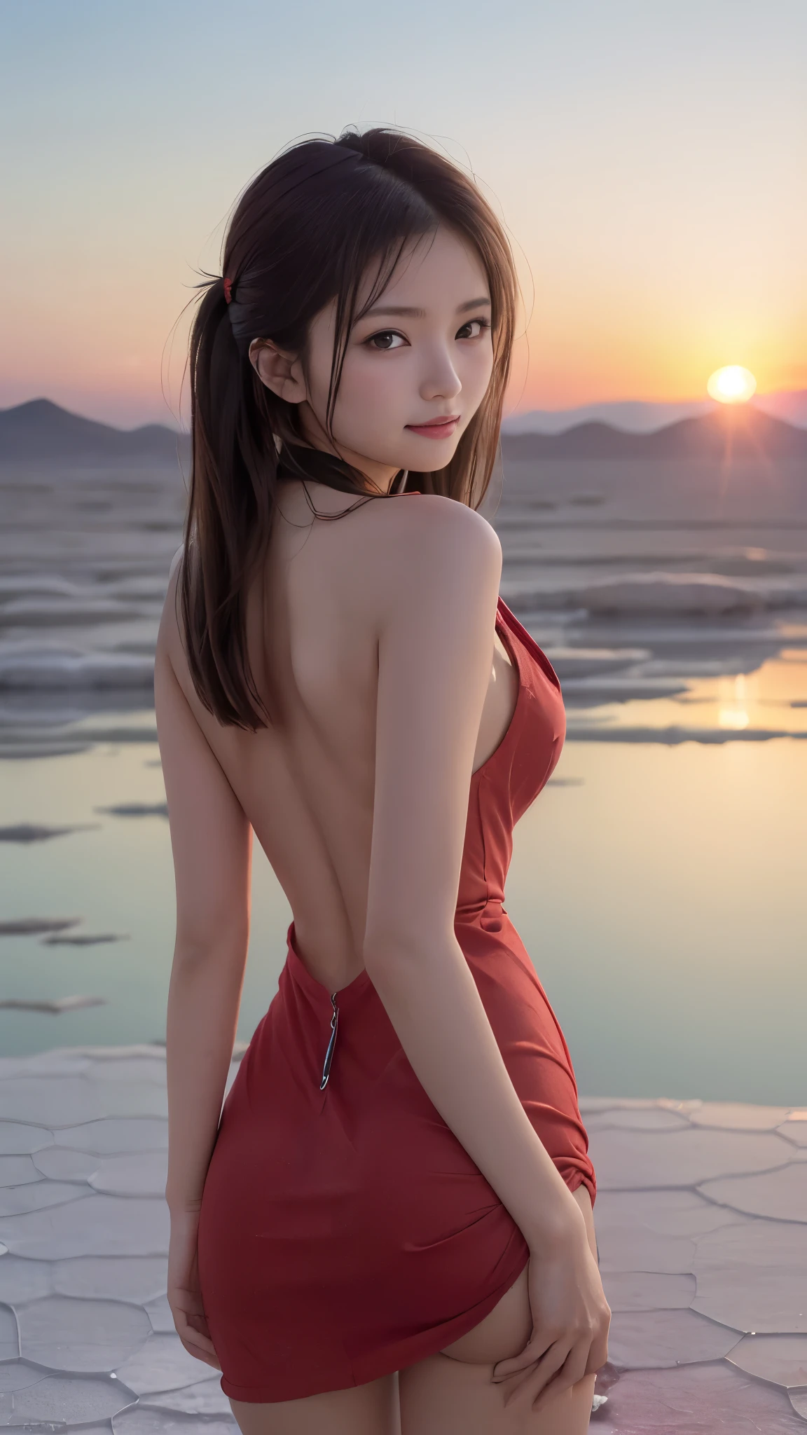 (((The fantastic sunset of the Uyuni Salt Flats is reflected in the background))), (Two beautiful 12 year old girls:1.4, Baby Face:1.6, Same height:1.2) ,Back view, ((Couple Focus)), (Japanese Idol), (Idol Face), (Happy smile), Stand next to each other, Upper Body, (Shoulder less:1.3, Cute thin tight red dress:1.4, Distressed dress:1.4), Thin thighs, Recall, (Realistic ass crack:1.3, Beautiful buttocks:1.5), Beautiful Hair, Smooth and shiny hair, (Twin tails), (High color saturation:1.0), (Highly detailed skin), (highest quality:1.0), (超 high resolution:1.1), (Like the picture:1.1), (Ultra-detailed:1.1), (highest quality, 8k, RAW Photos:1.1), (Beautiful breasts:1.5, Cleavage), (Small and slender figure), Slender body line, (Detailed eyes and face:1.2), (Detailed hands:1.2), (Perfect Anatomy:1.4), (Beautiful pose), (Hair blowing in the wind:1.5), (Gaze at the viewer:1.2)