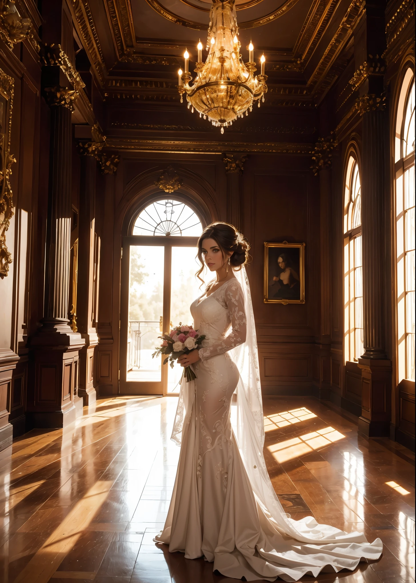 hermosa doncella detallada vestida con un hermoso vestido de encaje blanco:1.3, years style:1.2, elegant mansion of the years interior, hiper detallado, 8K, Alta calidad, ultra realista, realistic lighting, Fotorrealista, cinematographic, rostro y ojos muy detallados, hermoso vestido detallado, detalles intrincados, chiaroscuro lighting, dramatic shadows, warm color tones, golden hour lighting, ornate decoration, muebles de lujo, suelos de parquet.