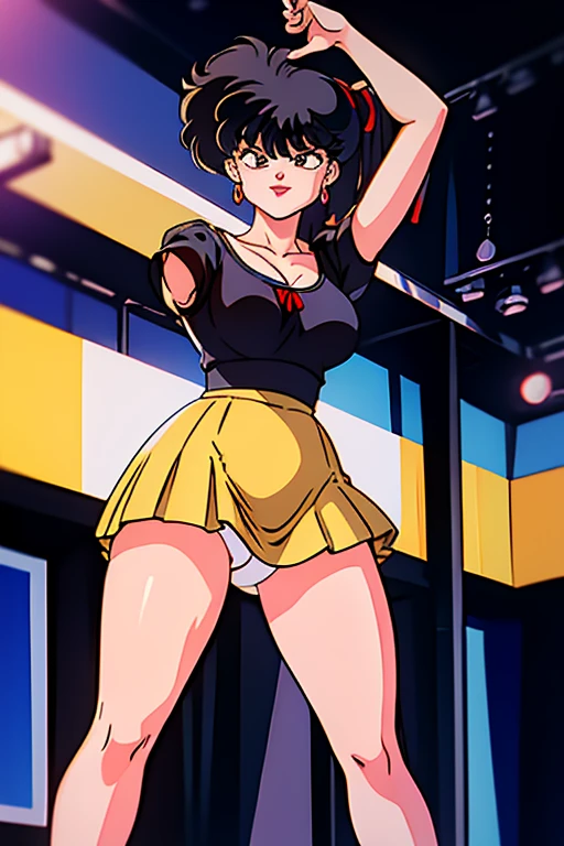 masterpiece,highest quality,Detailed, 1girl, solo girl, black hair, black eyes, Narrow eyes, ((sidetale))
, smiling, holding a mike, singing, music notes, Concert hall, stage, idol, idol outfit,  Yellow Hair Ribbon,Skirt with ruffles,Yellow Skirt,Big Breasts,No sleeve,V-neck Cleavage,Open chest,Thick thighs,1990s,Ranma,arm pit,Long legs,Raise your left hand,Belly button,White panties,Muscular legs standing with legs apart

