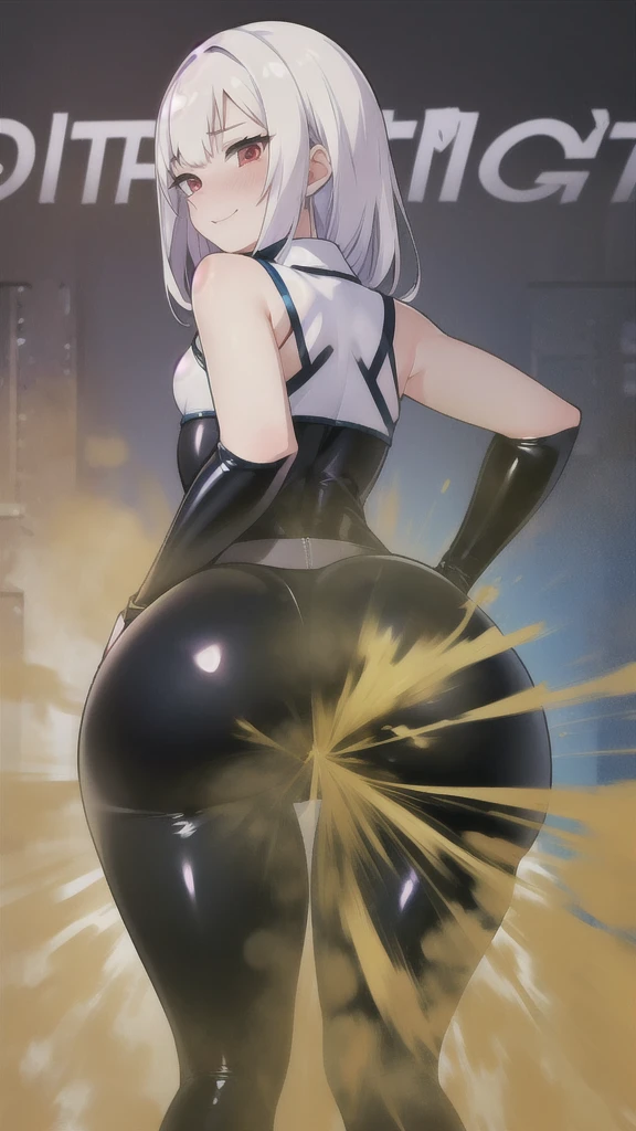 femcorrin, hairband, collared shirt, armor, armored legwear, barefoot, squatting, from behind, ass