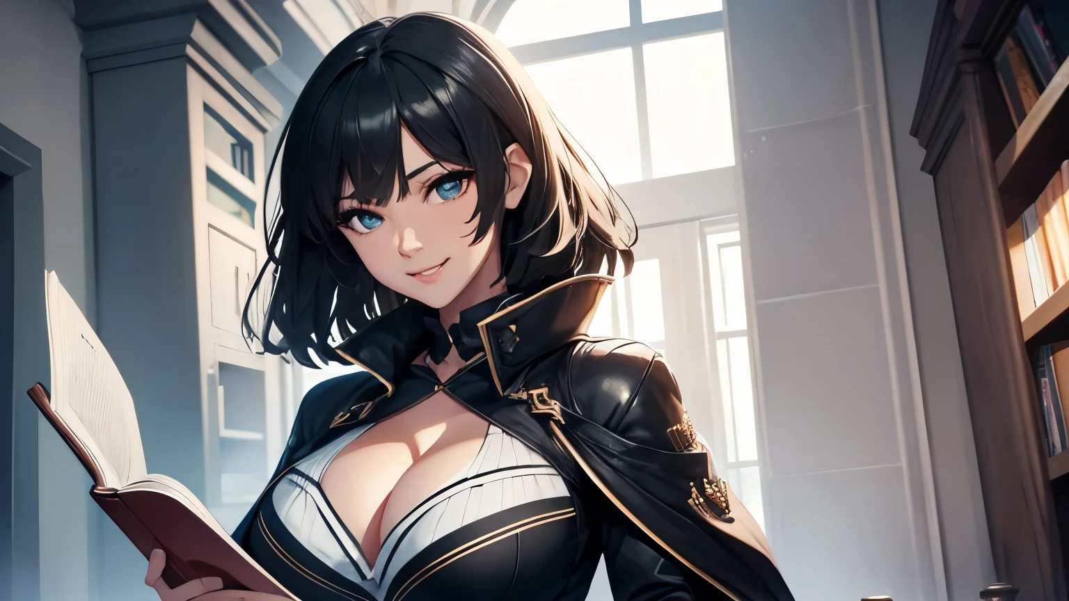 （highest quality，8k，32k，masterpiece，Hyper HD：1.3），1 Giant breasts，Perfect body，Highly detailed face，Bust photo，Big Breasts，Black Hair，White clothes，whole body，smile，Looking into the camera，Cleavage,Reading a book