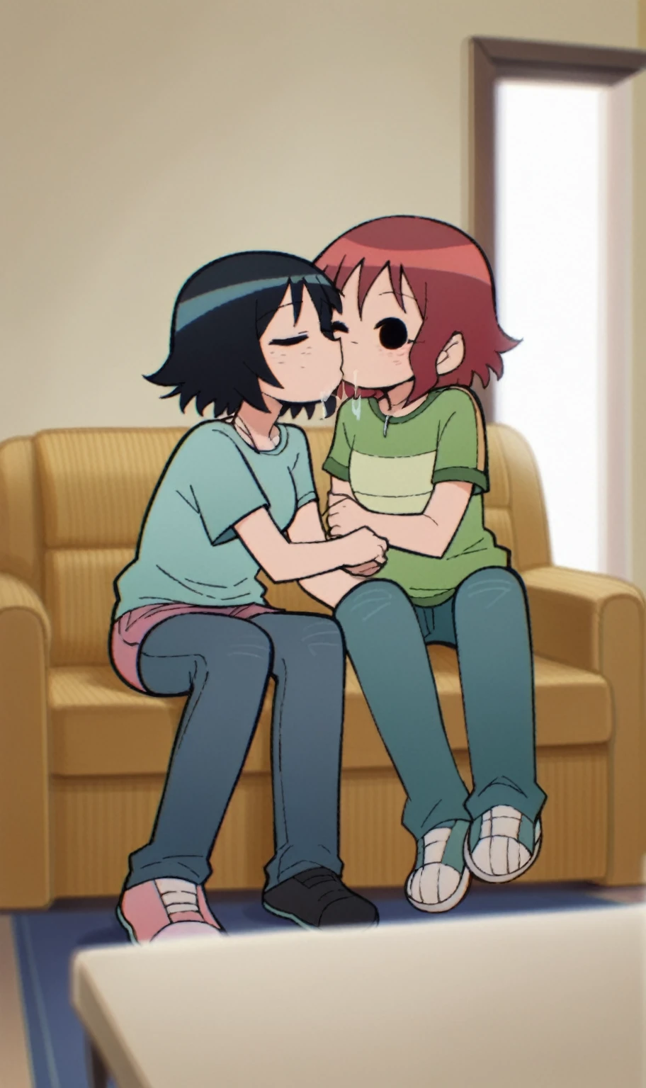 score_9, score_8_up, score_7_up scottp, sketch, anime coloring, black eyes,
2girls, full body, casual, sitting, on couch, happy, plant, kissing, shy, saliva,
BREAK Kim, red hair, short hair, freckles
BREAK Chau, black hair, side ponytail