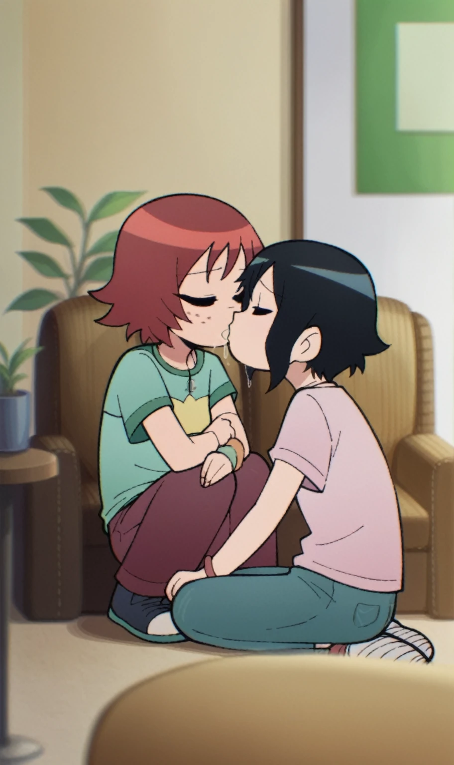 score_9, score_8_up, score_7_up scottp, sketch, anime coloring, black eyes,
2girls, full body, casual, sitting, on couch, happy, plant, kissing, shy, saliva,
BREAK Kim, red hair, short hair, freckles
BREAK Chau, black hair, side ponytail