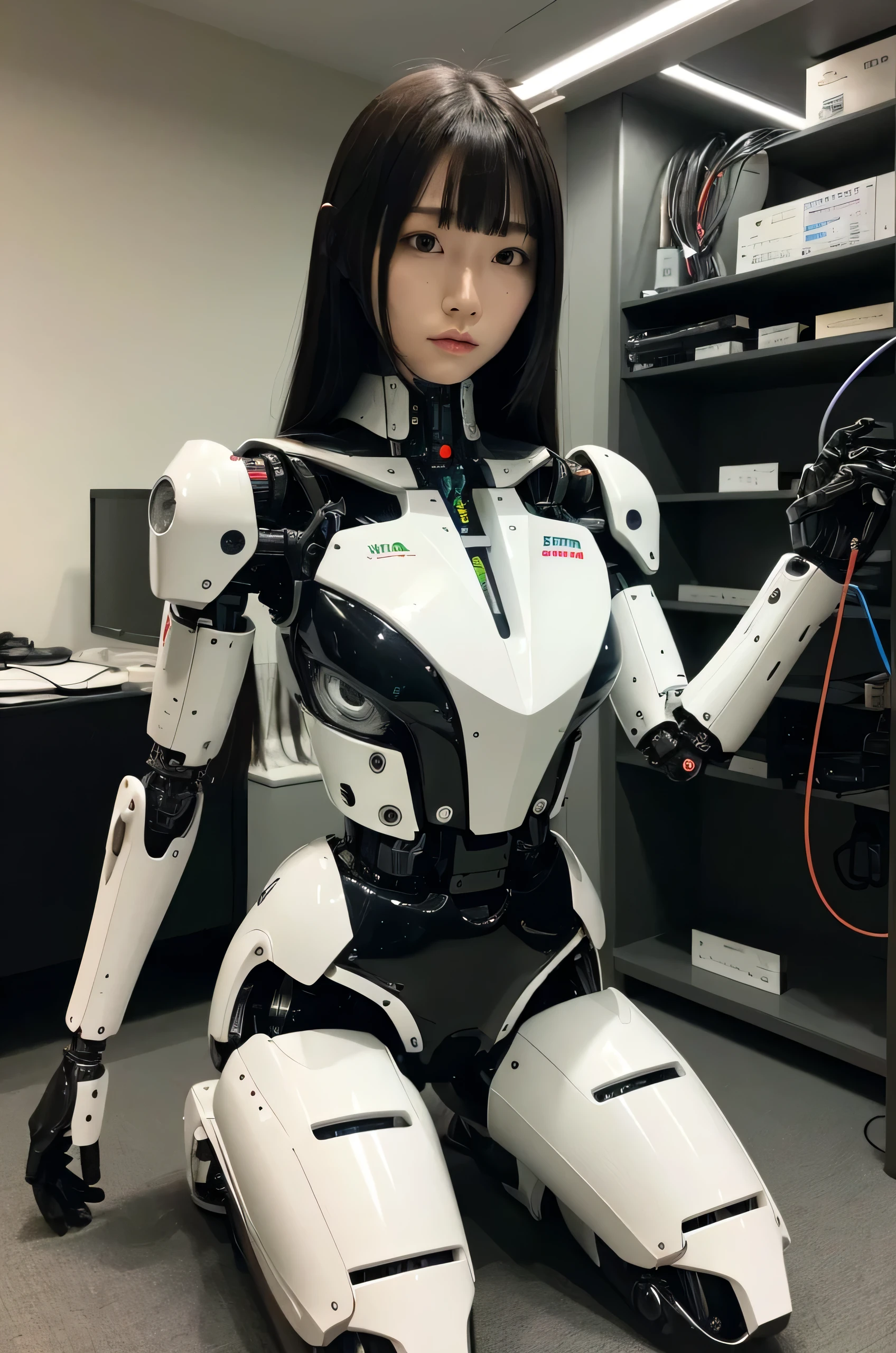 masterpiece, best quality, extremely detailed,  Japaese Cyborg girl,Plump , control panels,android,Droid,Mechanical Hand, Robot arms and legs, Black Robot Parts,Black hair,Mechanical body,Blunt bangs,White robotics parts,perfect robot girl,long tube,thick cable connected her neck,ceramic body ,mechanical body, mechanical costume,android,robot,humanoid,cyborg,japanese android woman ,mechanical chest,future laboratory,connecting a cable between the legs,