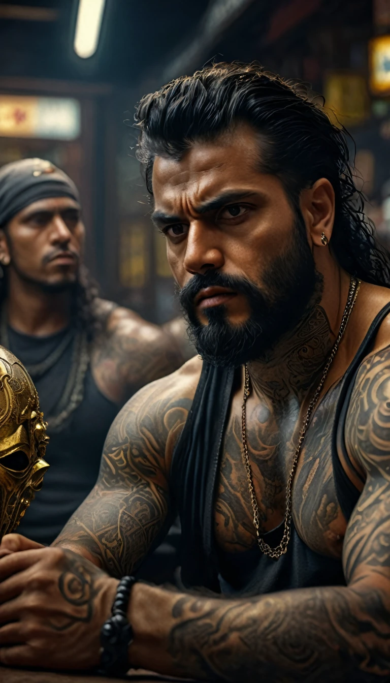 a group of menacing looking arbian thugs with tattoos, sitting in the market, terminal,
digital UHD (k) image, cinematic film still dramatic side lighting, dramatic intense stare closeup portrait, hdr, shallow depth of field, vignette, highly detailed, high budget Hollywood film, cinemascope, moody, epic, gorgeous
, Highly detailed and clean, Photorealistic and cinematic masterpiece, professional photography, realistic, realism, 200k , Raytracing and light effect , digital, perfect composition, beautiful detailed intricate insanely detailed octane render trending on artstation, 8 k artistic photography, photorealistic concept art, soft natural volumetric cinematic perfect light, award - winning photograph, masterpiece, raphael, caravaggio, greg rutkowski, beeple, beksinski, giger