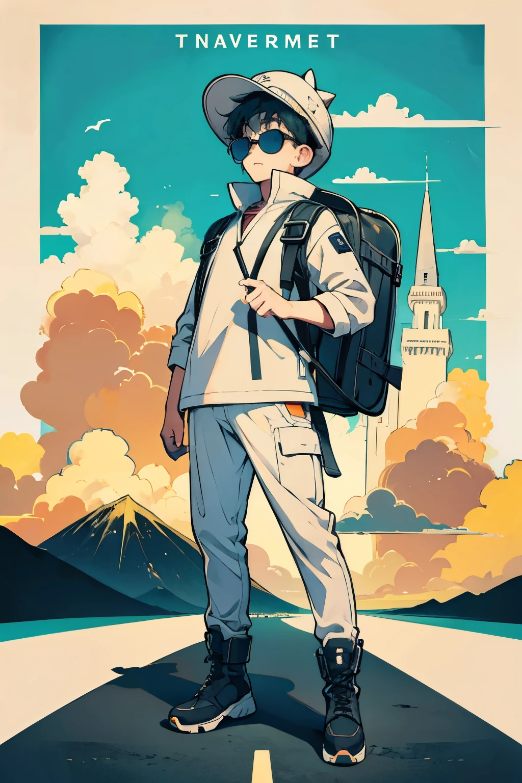 boy,Full body picture,Travel hat,Cool hat,Travel Backpack,Solid color background,sunglasses,Comfortable,boot,Solid color background