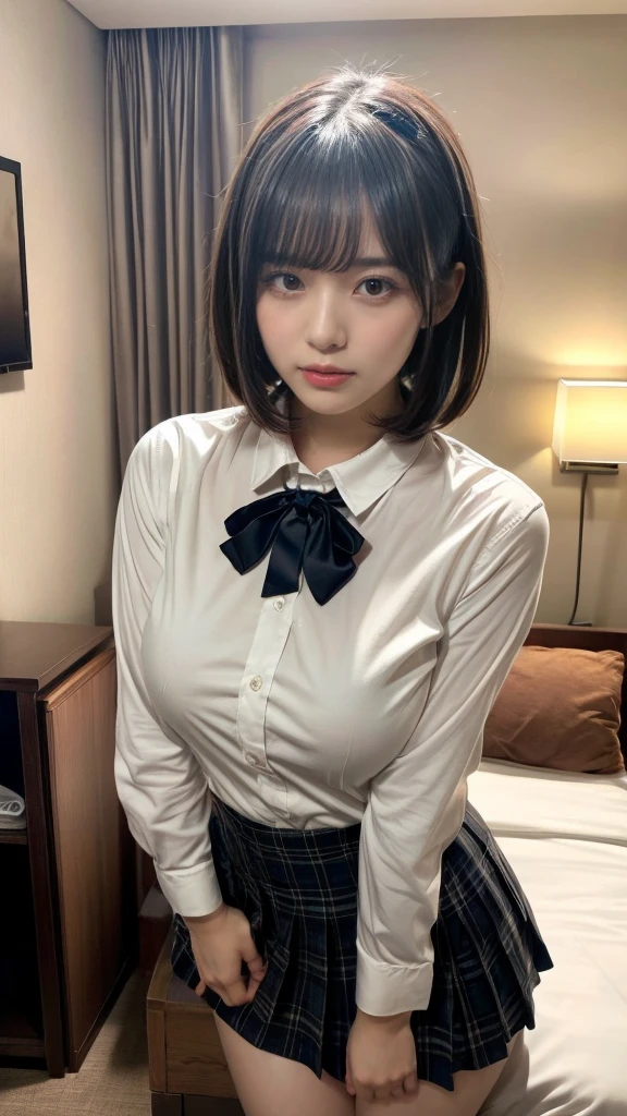 masterpiece, best quality, illustration, Super detailed, fine details, High resolution, 8K,wall paper, perfect dynamic composition,(Details High quality, realistic depiction of eyes:1.3), from side, standing, (collared shirt:1.1), pleated skirt, short bob hair、black hair color, Big Natural Color Lip, bold sexy pose, crying a little、cold gaze, Harajuku style、acrobatic pose, 20 year old girl、cute type、lolita、beautiful legs, hotel room, gravure idol, Voluptuous thighs, huge breasts, Don't expose it