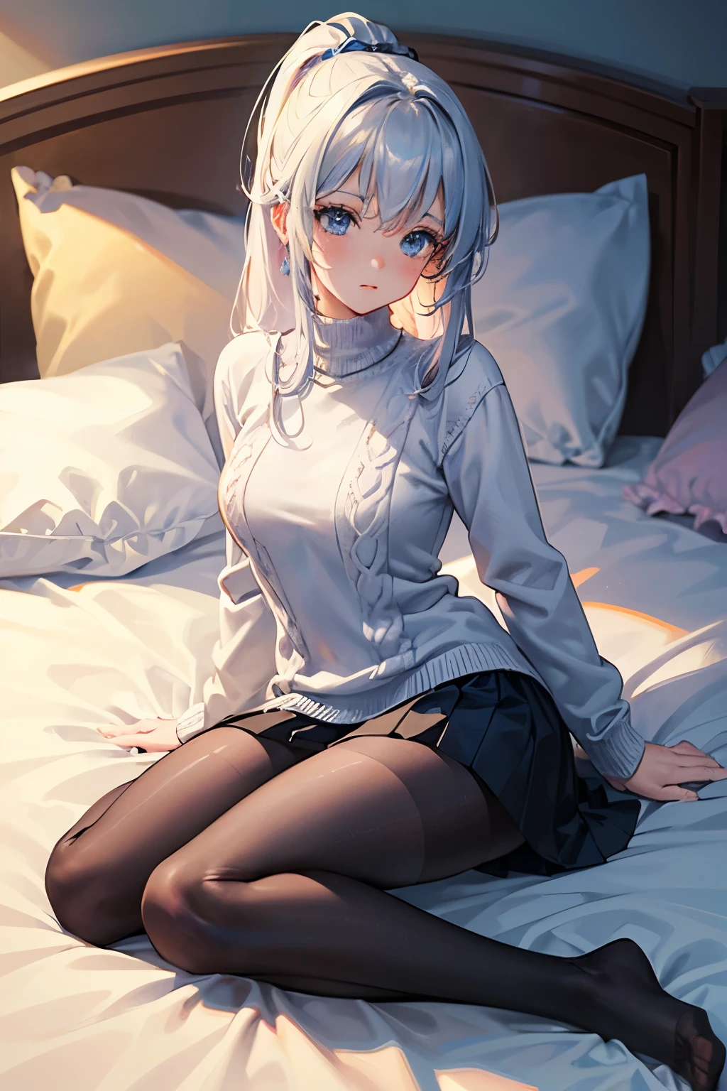 Digital Art, Digital Illustration, Ultra-detailed, beautiful image, Sharp Image, a close up of a woman in a short skirt and a grey sweater, sweater tucked into skirt, nylon tights, trending at cgstation, anime barbie doll, trending on cgstation, anime girl in real life, anime vtuber full body model, ((long white hair),(blue eyes), high ponytail, ( ), (very small round breasts), on bed
