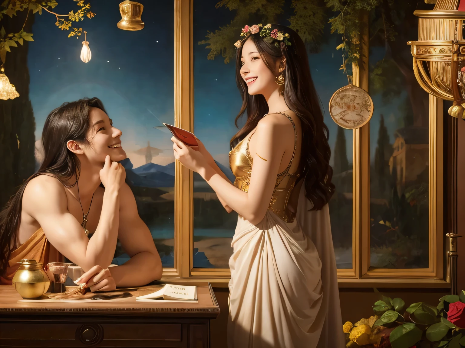 Giorgione painting style,Arguments of two female Philosophe,math、astronomical machine、astronaut、roses in vase、fruits、Cute trinkets、smile、ancient greek costume、Background is a forest lake at night 、Clothes that stretch your shoulders、A big smile、beautiful bare skin、A detailed representation of the seducing woman throughout her body.