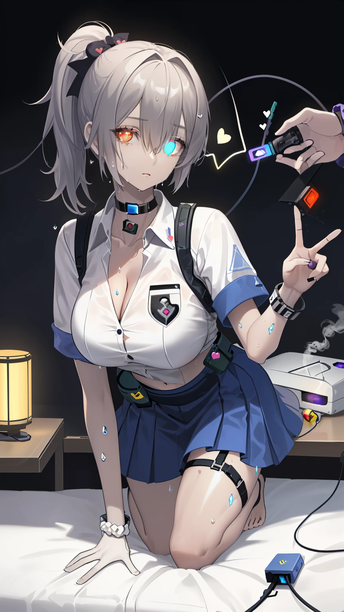 (Safety Sensor、approved、Browsing Safety:1.8), masterpiece、masterpiece、highest quality、highest quality、Perfect human body、Accurate the human body、Lighting to suit the mood、Accurate、Elaborate、Every detail of the face, Dark Skin, Woman with dark skin, Side Ponytail, hair ornaments, Hair Clip, White shirt, Bra visible through clothes, Chest pocket, Black choker, Blue tie, Purple scrunchie, bracelet,Latex Blue Pleated Skirt, Thigh straps,  fluorescent lip gloss、Simple Background, whole body, Detailed Background, Leaning forward, alone, Big cleavage、( Super big boobs、An eye is a heart:1.3、Heart Pupil:1.2,  Fluorescent contact lenses for eyes:1.3, Glowing oil skin:1.5, Sweat,vapor:1.5)、(Dim lighting:1.5, night:1.5, Love hotels in Japan :1.5、Realistic Background、Realistic:1.5, Many words:1.8、Heart Emotion:1.8, Motion Blur、Double Peace、Mature adult woman、On the bed、Absolutely safe、Small oval face、Beautiful Girlfriend