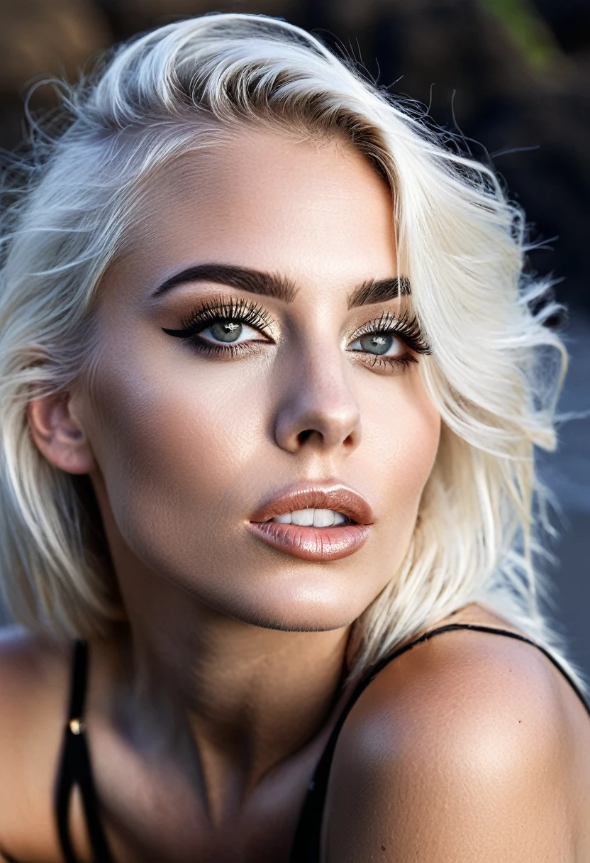 a stylish girl, beautiful detailed eyes, beautiful detailed lips, extremely detailed face, long eyelashes, sitting on a black beach in hawaii, wearing a black bikini , DETAILLIERTE HAUT,Model-Fotoshooting, Foto von (Faye Wray:1.3), modelshoot, Pose, , (Faye Wray: 1,2) preisgekrönt photo macro shot oF a beautiFul young woman lying , white hair, dynamische Beleuchtung, filmisches Standbild, pale skin