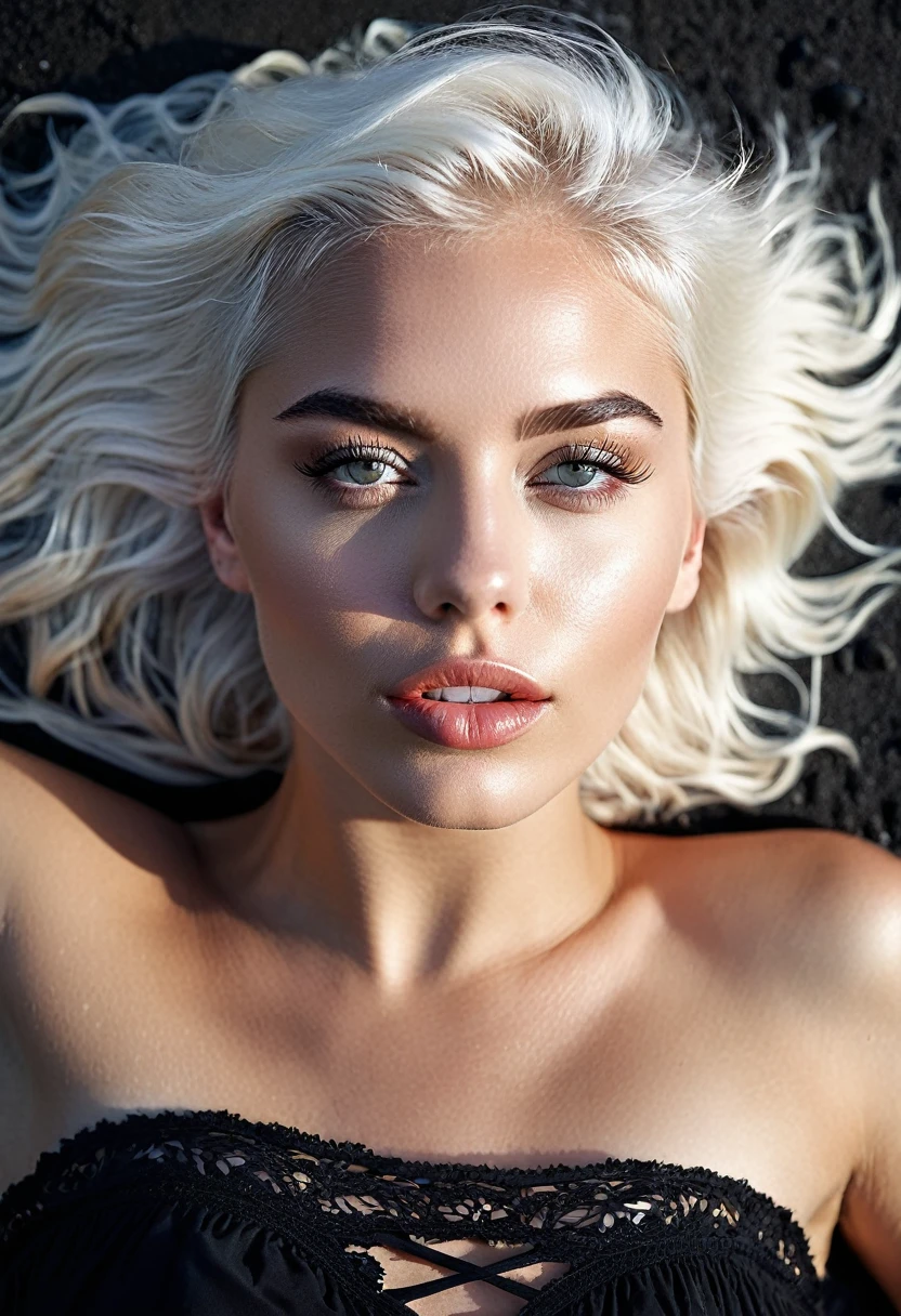 a stylish girl, beautiful detailed eyes, beautiful detailed lips, extremely detailed face, long eyelashes, sitting on a black beach in hawaii, wearing a black bikini , DETAILLIERTE HAUT,Model-Fotoshooting, Foto von (Faye Wray:1.3), modelshoot, Pose, , (Faye Wray: 1,2) preisgekrönt photo macro shot oF a beautiFul young woman lying , white hair, dynamische Beleuchtung, filmisches Standbild, pale skin