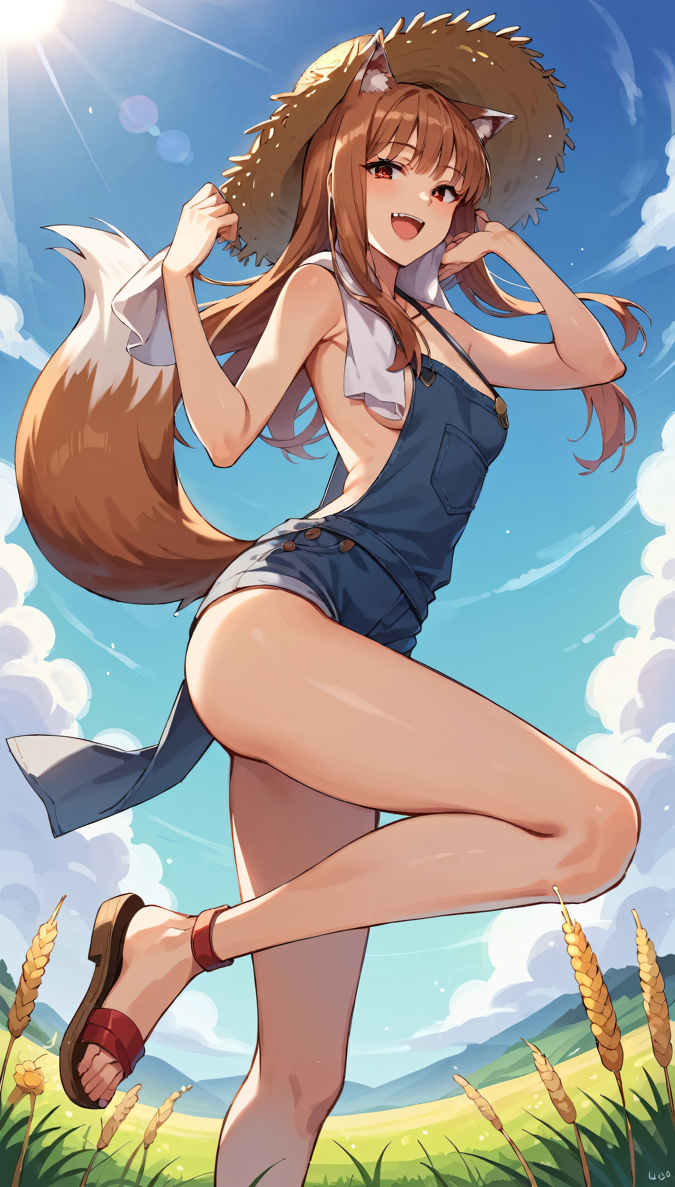 score_9, score_8_up, score_7_up, score_6_up, source anime,1girl,(holo),spice and wolf, ,solo,mature female,wolf girl,wolf ears,wolf tail,light, brown hair,small breasts,(halter top),bare back,slim,slim legs,long hair,towel around neck,(straw hat),outdoors,wheat field,sunlight,cloud,blue sky,steam,(overalls),naked overall,sandals,seductive smile,red eyes,open mouth,(canine tooth),long hair,best quality,amazing quality,very aesthetic,absurdres