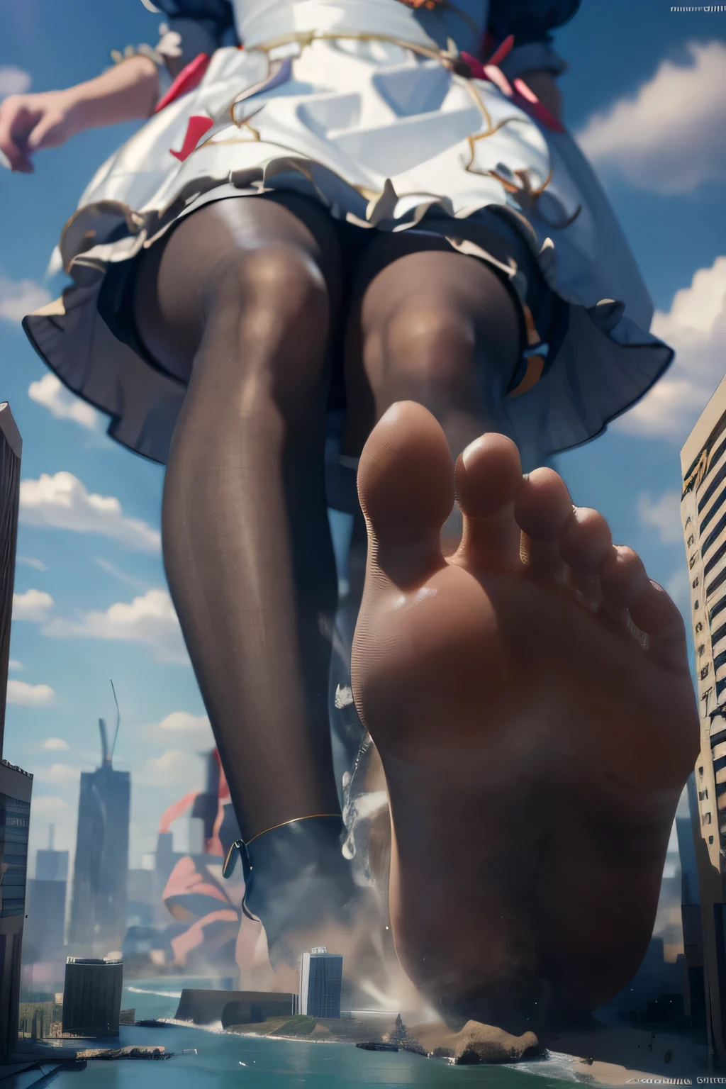 giantess art, highly detailed giantess shots, Two wrist, Two legs, Five fingers, giantess, short hair, A beautiful girl who is bigger than any skyscraper, Wearing rimless glasses, Big Breasts, Big Butt, Maid clothes, Black Pantyhose, pantyhosefeet, Pantyhose Barefoot, Steam coming out from the soles of the feet, Pissing on the city, Urine Tsunami, A very small big city, Miniature metropolis, Crush the big city, Full body description, GTS, giga giantess, stomping city, crash city, tiny city, micro city, pantyhose feet, High resolution, highest quality, masterpiece, Maid, maid, 