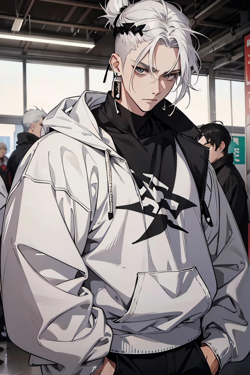 Anime man gradient young white hair low on shaved sides turns hair to the left side in the middle serious face with black earrings sweatshirt dark circles big black hair big brown hair extremely