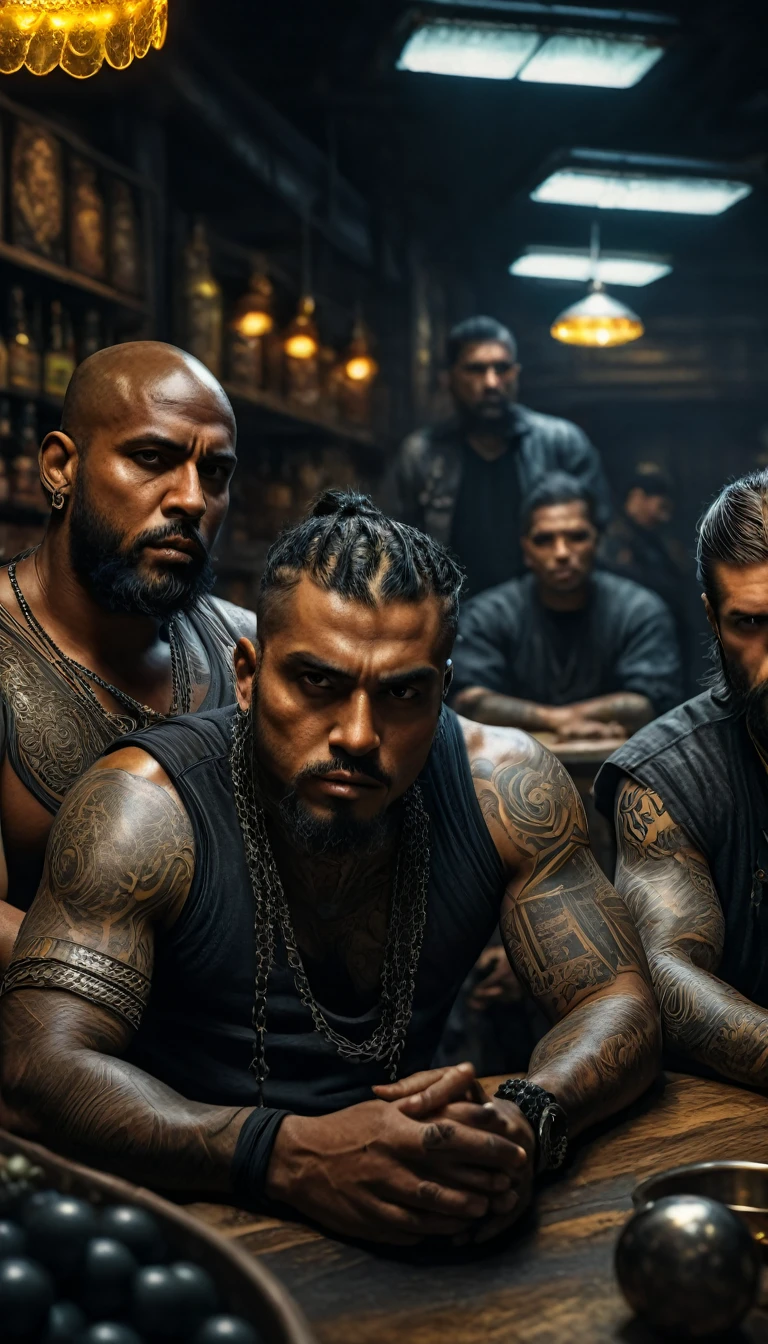 a group of menacing looking arbian thugs with tattoos, sitting in the market, terminal,
digital UHD (k) image, cinematic film still dramatic side lighting, dramatic intense stare closeup portrait,  hdr,  shallow depth of field, vignette, highly detailed, high budget Hollywood film, cinemascope, moody, epic, gorgeous
, Highly detailed and clean, Photorealistic and cinematic masterpiece, professional photography, realistic, realism, 200k , Raytracing and light effect , digital, perfect composition, beautiful detailed intricate insanely detailed octane render trending on artstation, 8 k artistic photography, photorealistic concept art, soft natural volumetric cinematic perfect light, award - winning photograph, masterpiece, raphael, caravaggio, greg rutkowski, beeple, beksinski, giger