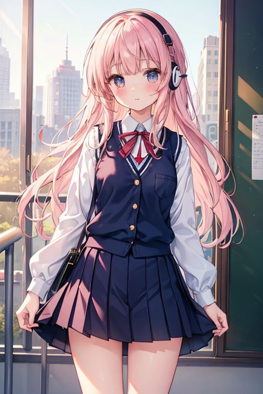 (8k、highest quality、masterpiece:1.2)、Illustration touch、Ultra-detailed、Super A High Resolution、Sunny day in the park、Light pink hair、long hair、Headphones、One woman in uniform、clear、High 、White long sleeve blouseとnavy blue sweater vest、White long sleeve blouse、Small red ribbon on chest、The blouse is all buttoned、Buttoning up the sleeves、navy blue sweater vest、Red tartan check skirt、赤タータンチェックmini skirt、mini skirt、White Pantyhose、Delicate limbs、Inner thighs、Grab the hem of your skirt、Skirts that turn over in strong winds、White panties、(School uniform:1.4)、Blushing cheeks and feeling shy