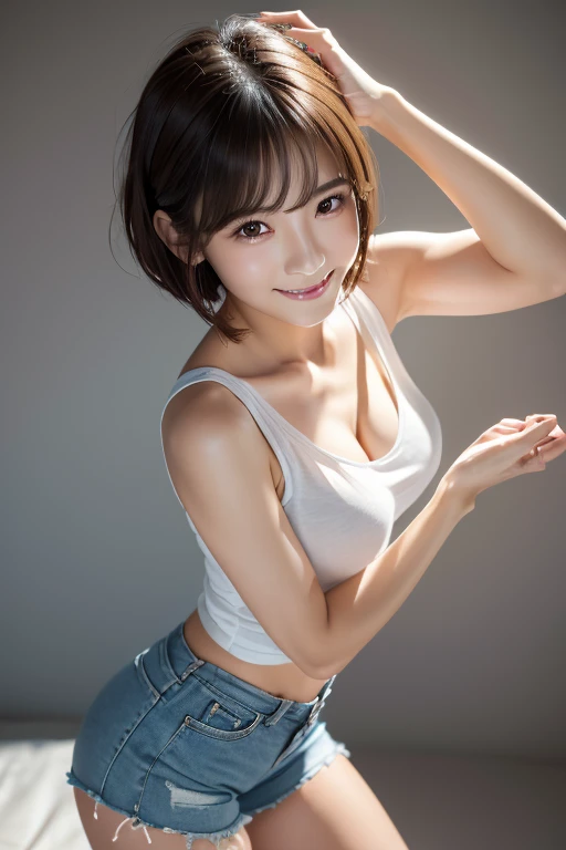 ((8k, highest quality、Best image quality、Ultra-high resolution、Ultra high definition drawings、alone、Look closely at the camera))、1 girl、Realistic、Written boundary depth、Natural soft light、Echiechi, constricted body, 30 years old, Beautiful and exquisite, Short Bob Hair, Light Hair Color, highest quality, masterpiece, Watery eye, Great pose, Brown eyes, smile, Perfect Fingers、Perfect hands、Perfect body、Perfect Face, Perfect Anatomy, Glossy lips, Natural Makeup, Small Ass, Professional Lighting, Cowboy Shot, Simple Background, From above, Bright room,Tank top, Shorts, Self Snap,Simple Background