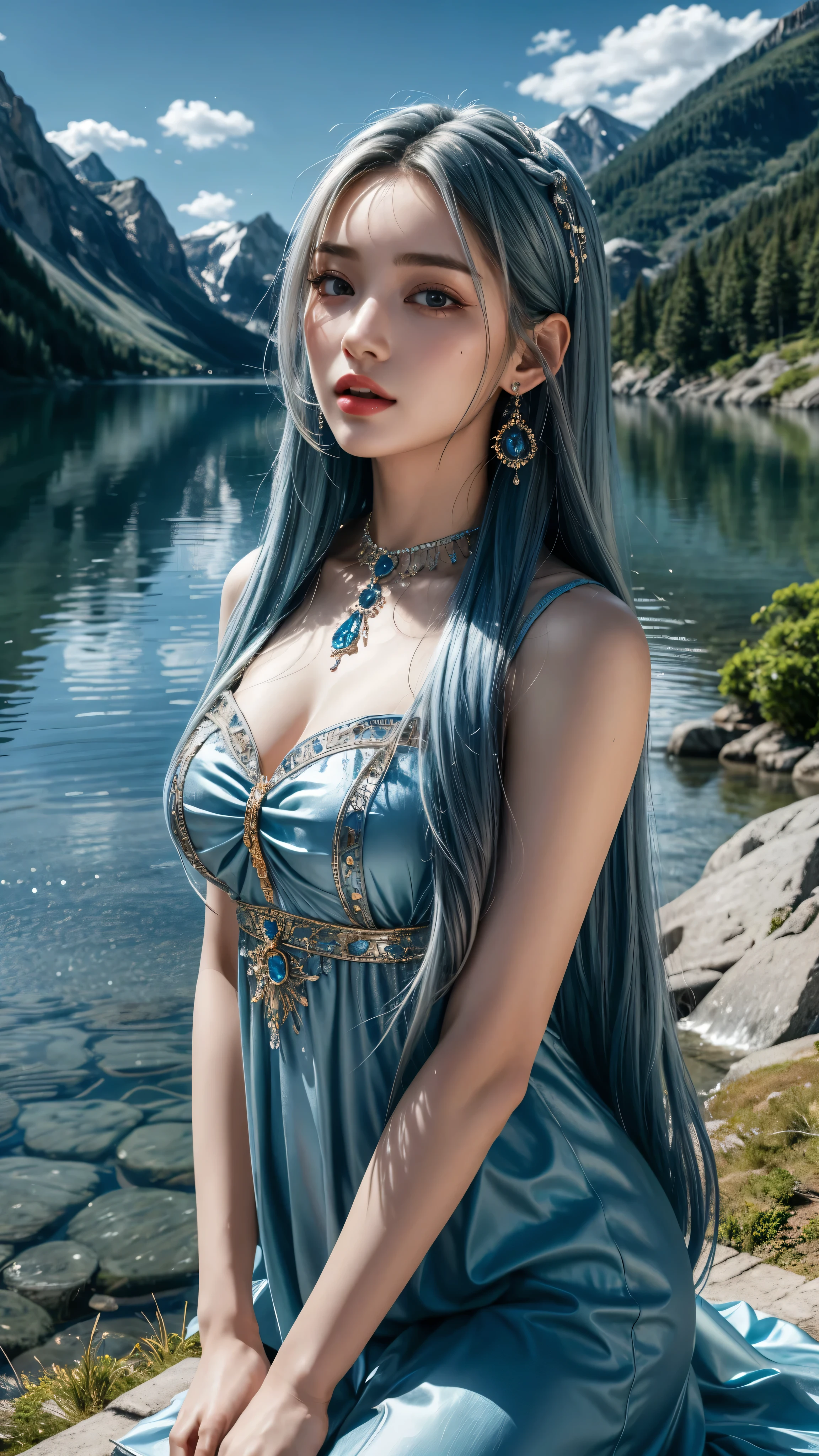 8K, Ultra HD, masterpiece, very realistic, 1 girl, nice face, Very long hair, Detailed eyes, Detailed lips, medium breasts, very beautiful prince dress, blue dress, diamonds, JEWELRY, necklace, Earrings, lake, Landscape,