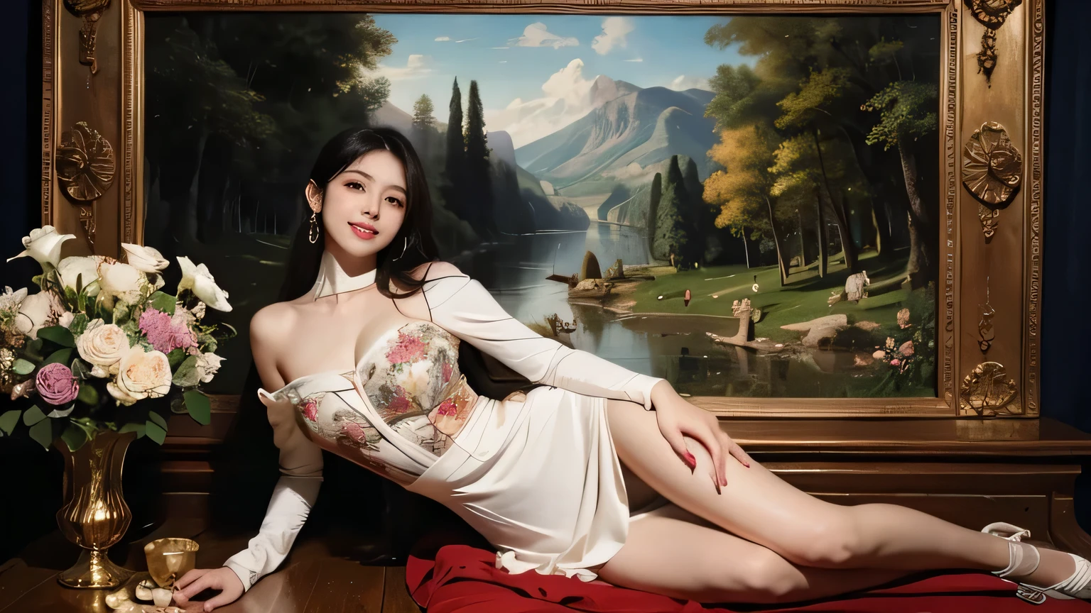 Giorgione painting style,Arguments of two female Philosophe,math、astronomical machine、astronaut、roses in vase、fruits、Cute trinkets、smile、ancient greek costume、Background is a forest lake at night 、Clothes that stretch your shoulders、A big smile、beautiful bare skin、A detailed representation of the seducing woman throughout her body.