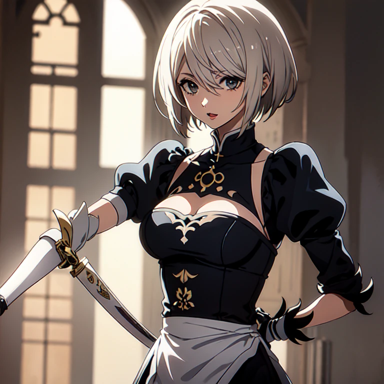  (Cute a girl:1.5), (a girl is wearing a frilly aristocratic shirt with a chest opening, a bolo tie, and a fencing sword, Grey hair, shaggy cut, brown eyes
:1.4), anime visual, (tilt head:1.3), realistic lighting and shading,muted colors,soft focus, (an extremely delicate and beautiful art:1.3),