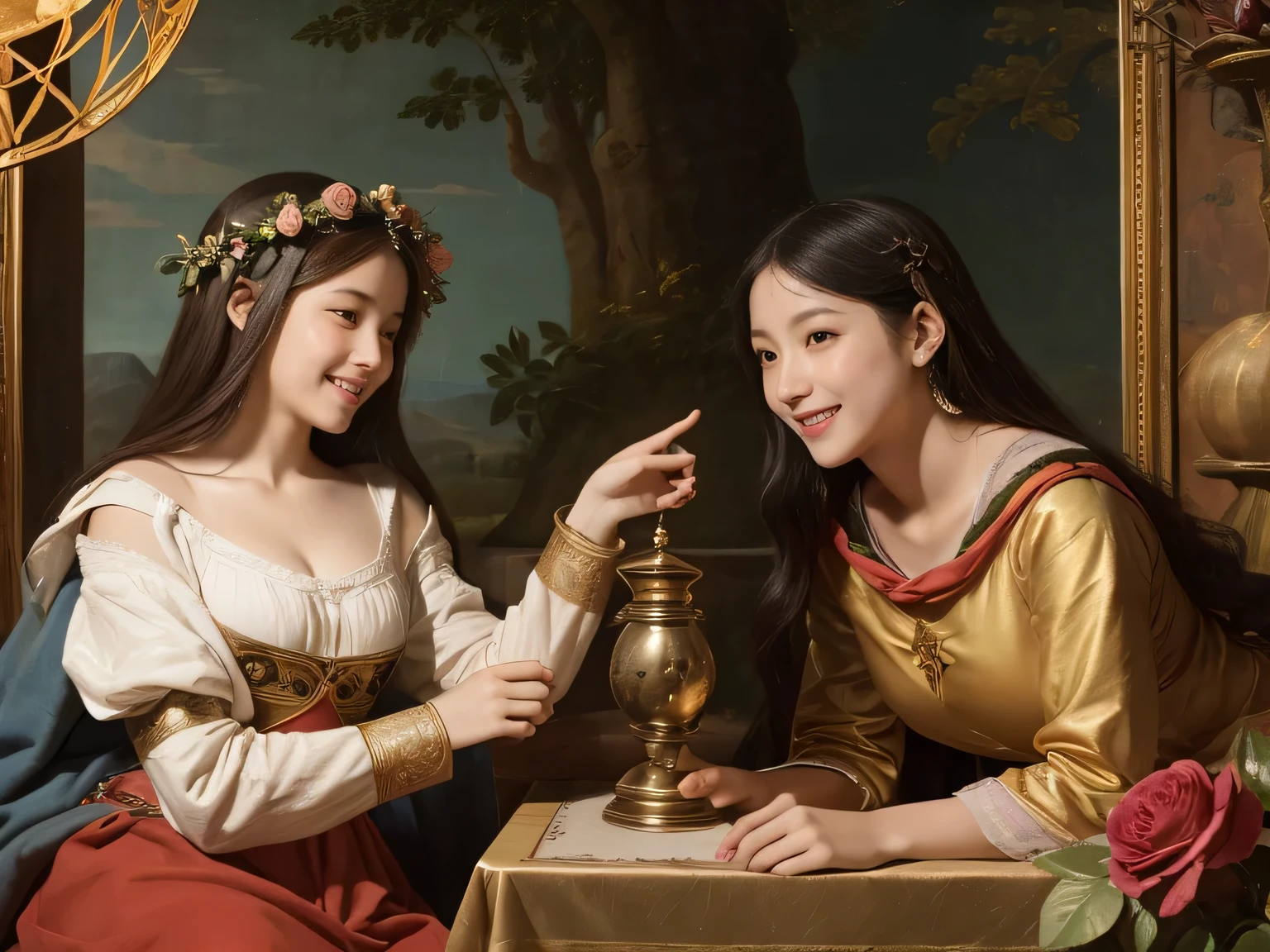 Giorgione painting style,Arguments of two female Philosophe,math、astronomical machine、astronaut、roses in vase、fruits、Cute trinkets、smile、ancient greek costume、Background is a forest lake at night 、Clothes that stretch your shoulders、A big smile、beautiful bare skin、A detailed representation of the seducing woman throughout her body.