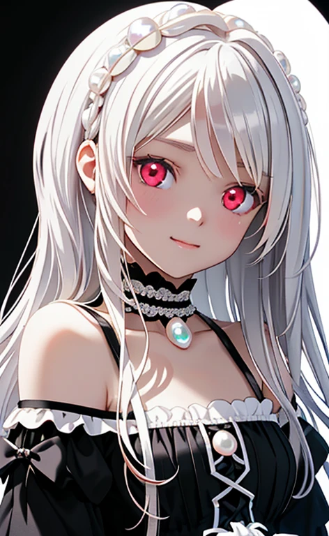 (Photorealistic:1.4)、asuna,(masterpiece、lens flare:1.5、spot light:1.2、Exquisite beautiful eyeonochrome:1.5,portlate、)(little devil:1.3),()
、Cute Face、 3D Face、(pearl white hair:1.5)、(wavy hair:1.3),(1 Girl)、(Red eyes:1.2)、(upper body)、(smug face:1.3)、(head tilt) ,(Cute face:1.2),(flat chest),(),kind face,(white　lace frilled gothic lolita),(black background:1.5)、(glowing eyes:1.3)、()、 Neat and clean、Adorable、Slim Body(Tareme:1.5),Shiny Hair、(Glowing pink Skin)、Nijisketch,Manga,zydG