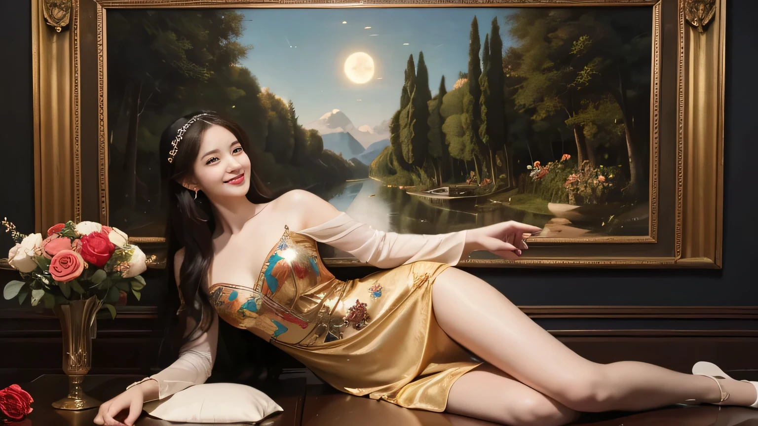 Giorgione painting style,Arguments of two female Philosophe,math、astronomical machine、astronaut、roses in vase、fruits、Cute trinkets、smile、ancient greek costume、Background is a forest lake at night 、Clothes that stretch your shoulders、A big smile、beautiful bare skin、A detailed representation of the seducing woman throughout her body.